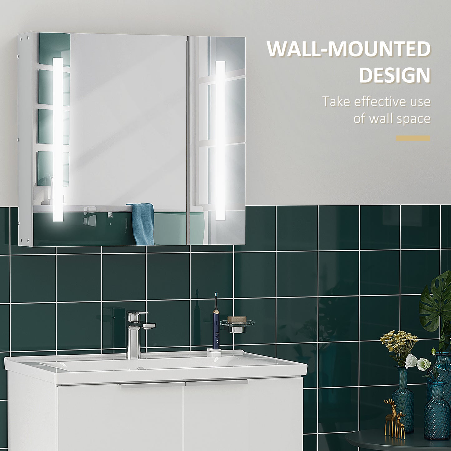 kleankin LED Illuminated Bathroom Mirror Cabinet with Lights, Wall Mounted Storage Organizer, White