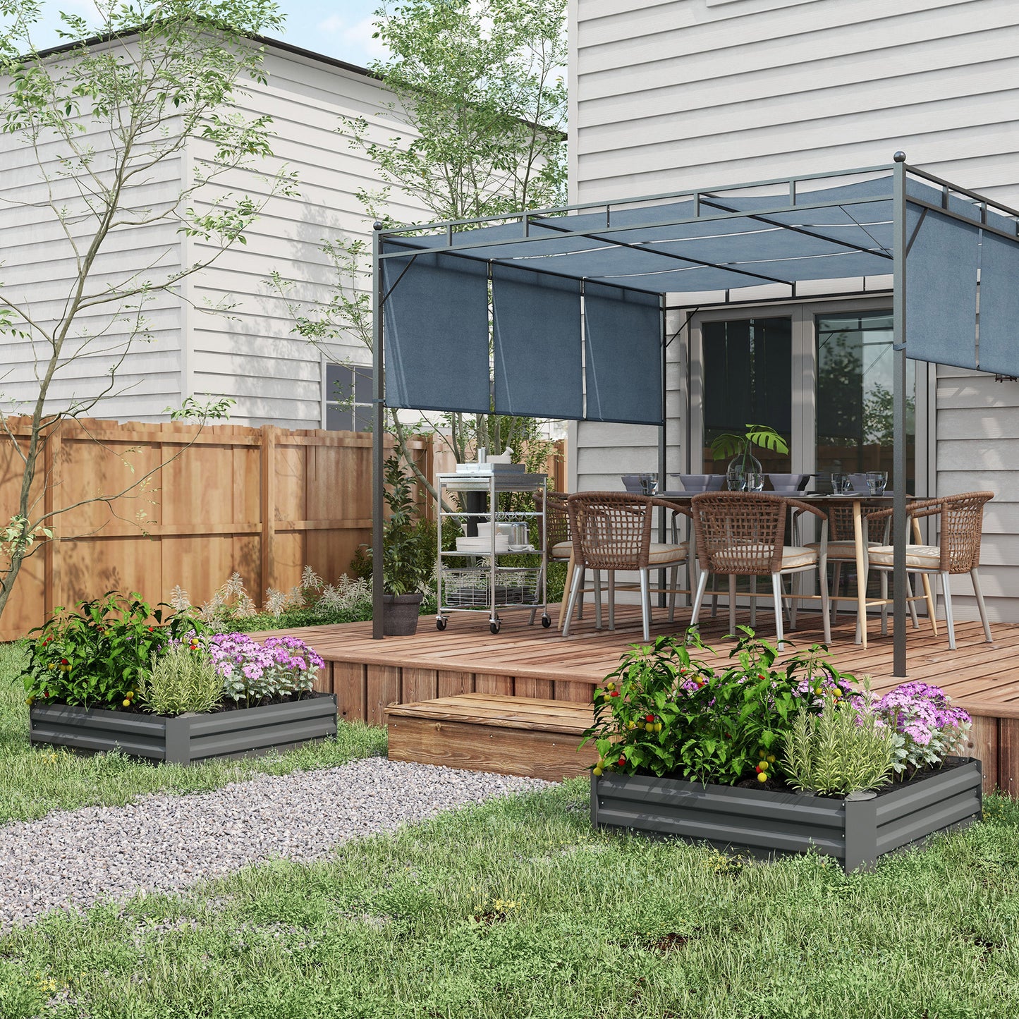 Outsunny Set of 2 291L Raised Garden Bed Elevated Galvanised Planter Box for Flowers Herbs 100x100x30cm Dark Grey