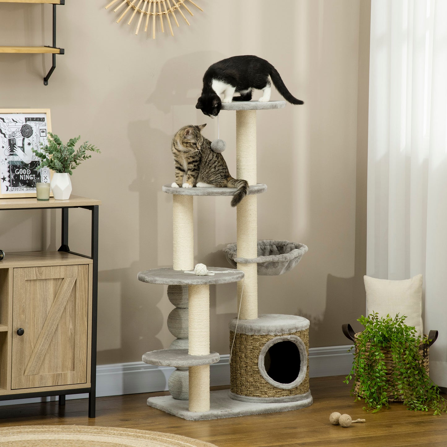 PawHut Cat Tree, 115cm Cat Climbing Tower, kitten Activity Centre with Fluffy House and Hammock, Light Grey