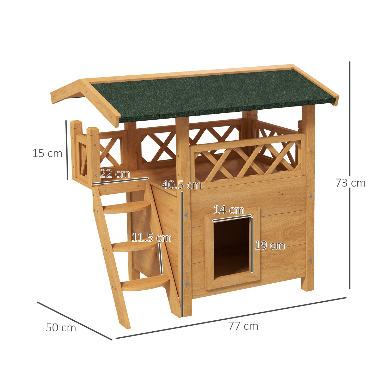 PawHut Cat House Outdoor w/ Balcony Stairs Roof 77 x 50 x 73 cm Natural Wood Finish