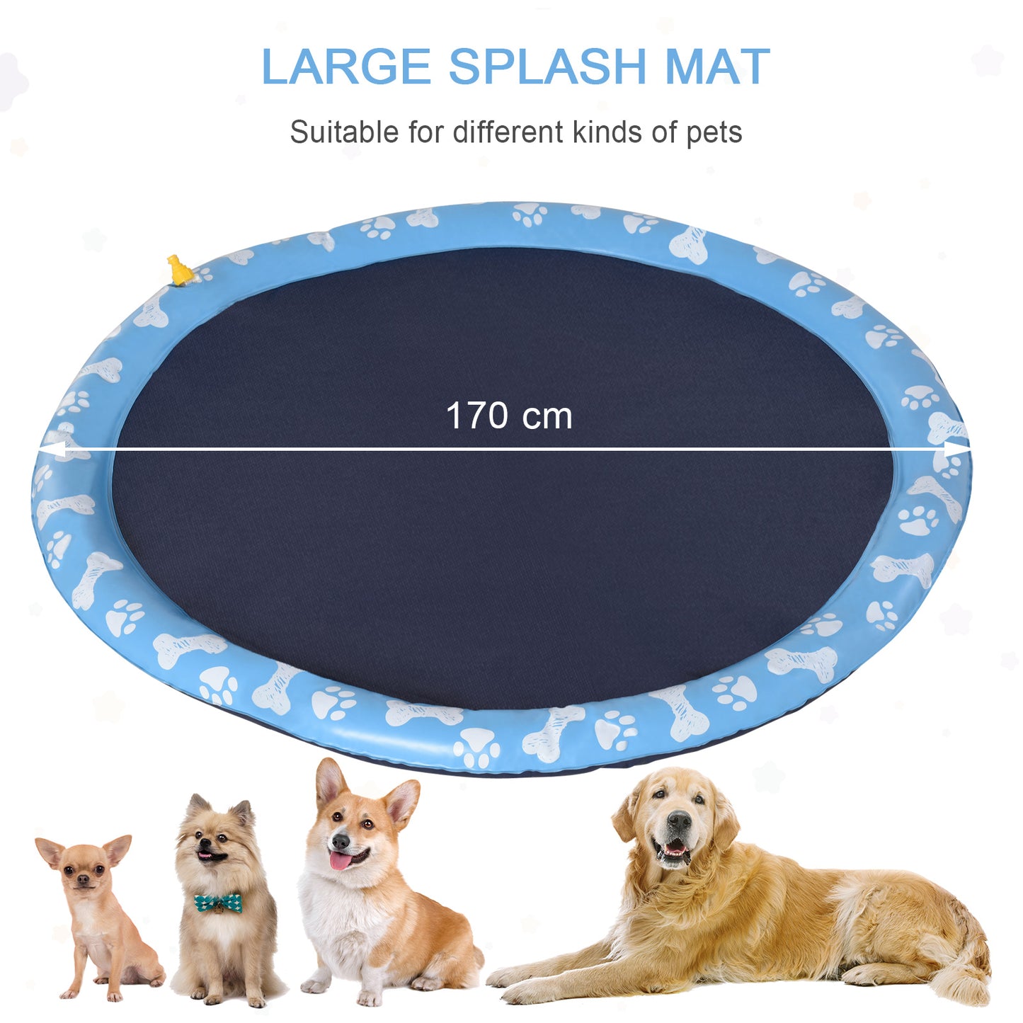 PawHut 170cm Splash Pad Sprinkler for Pets Dog Bath Pool Water Game Mat Toy Non-slip Outdoor Backyard Blue