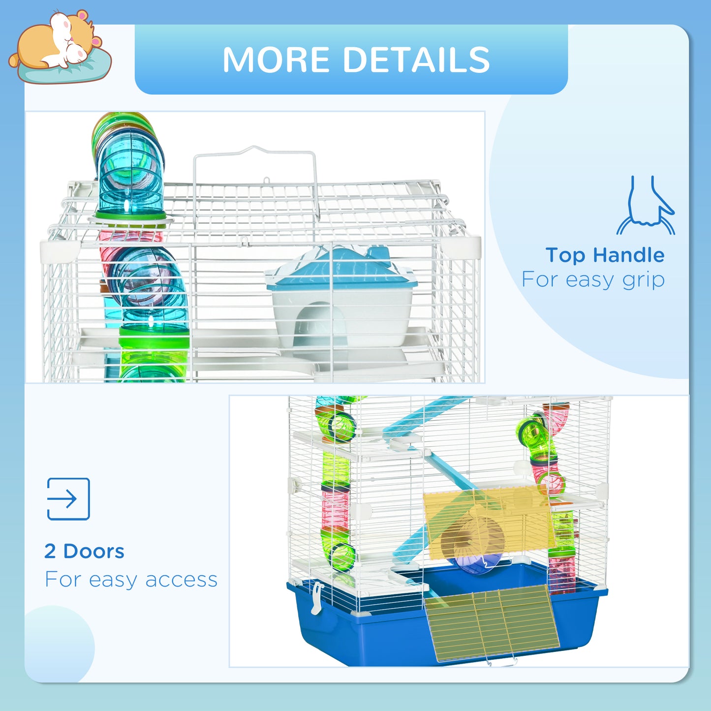 PawHut Large Hamster Cage, 5-Level Gerbil Haven, Small Rodent House, Tunnel Tube System, with Water Bottle, Exercise Wheel, Food Dish, Ramps, 59 cm x 36 cm x 69 cm, Blue