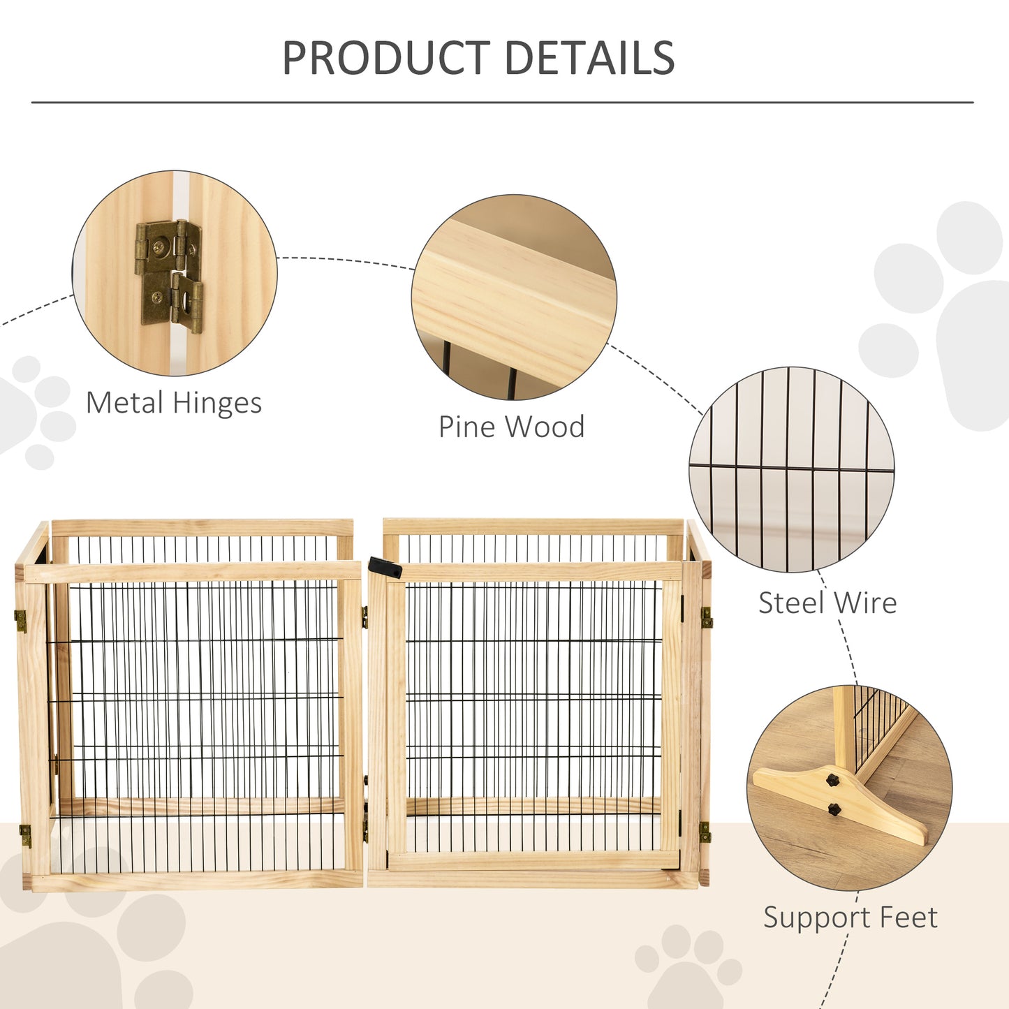 PawHut Wooden Pet Gate Freestanding Dog Safety Barrier with Two Support Feet Natural Tone