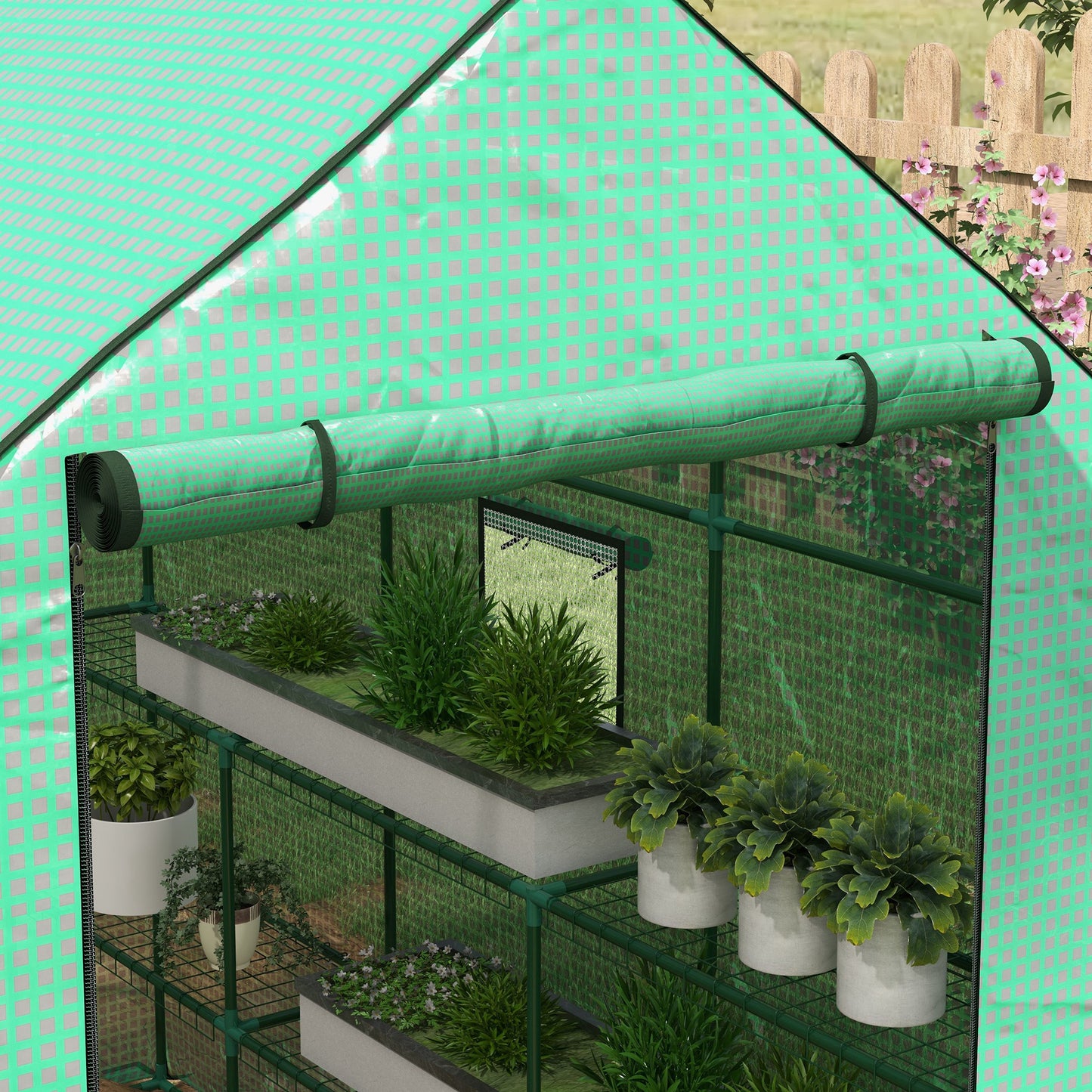 Outsunny Walkin Greenhouse with 3 Tier Shelves Outdoor Green House Garden Grow House with Reinforced PE Cover Rollup Door and Mesh Windows 140 x 213 x 190cm Green