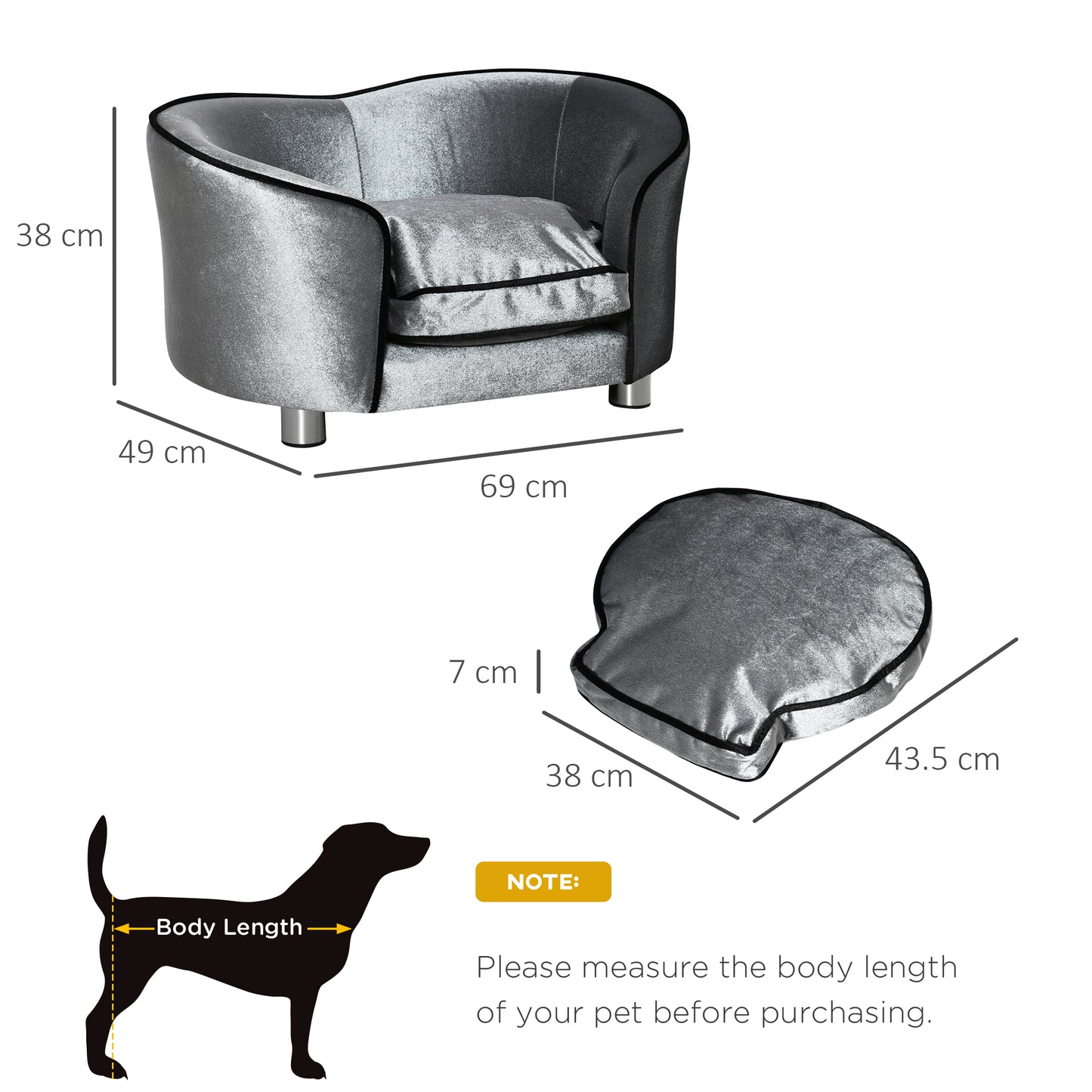 PawHut Pet Sofa Couch, Dog Bed, Cat Lounger, with Storage Pocket Removable Cushion Modern Furniture for Small Dogs, 69 x 49 x 38cm, Silver Grey