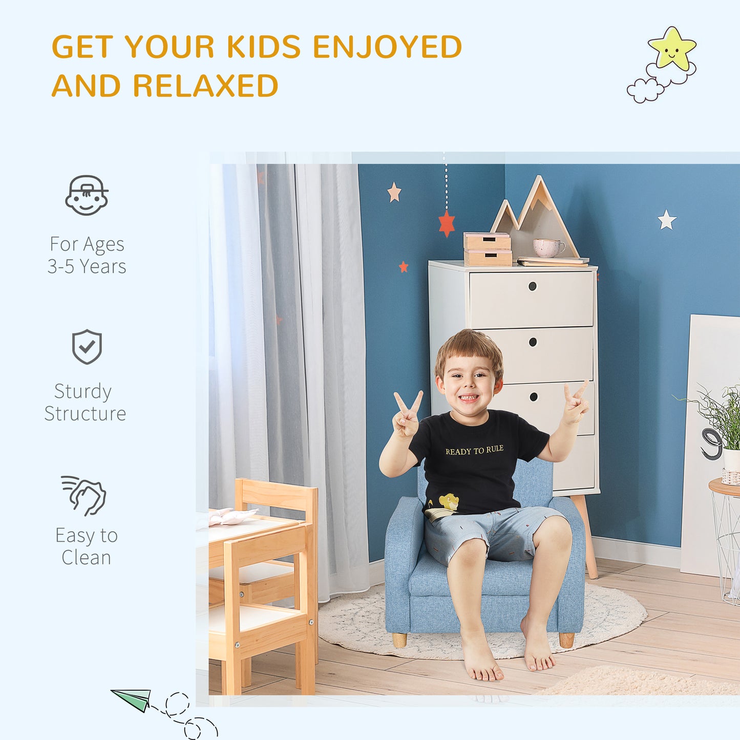 HOMCOM Kids Children Armchair Mini Sofa Wood Frame Anti-Slip Legs High Back Bedroom Playroom Furniture Blue