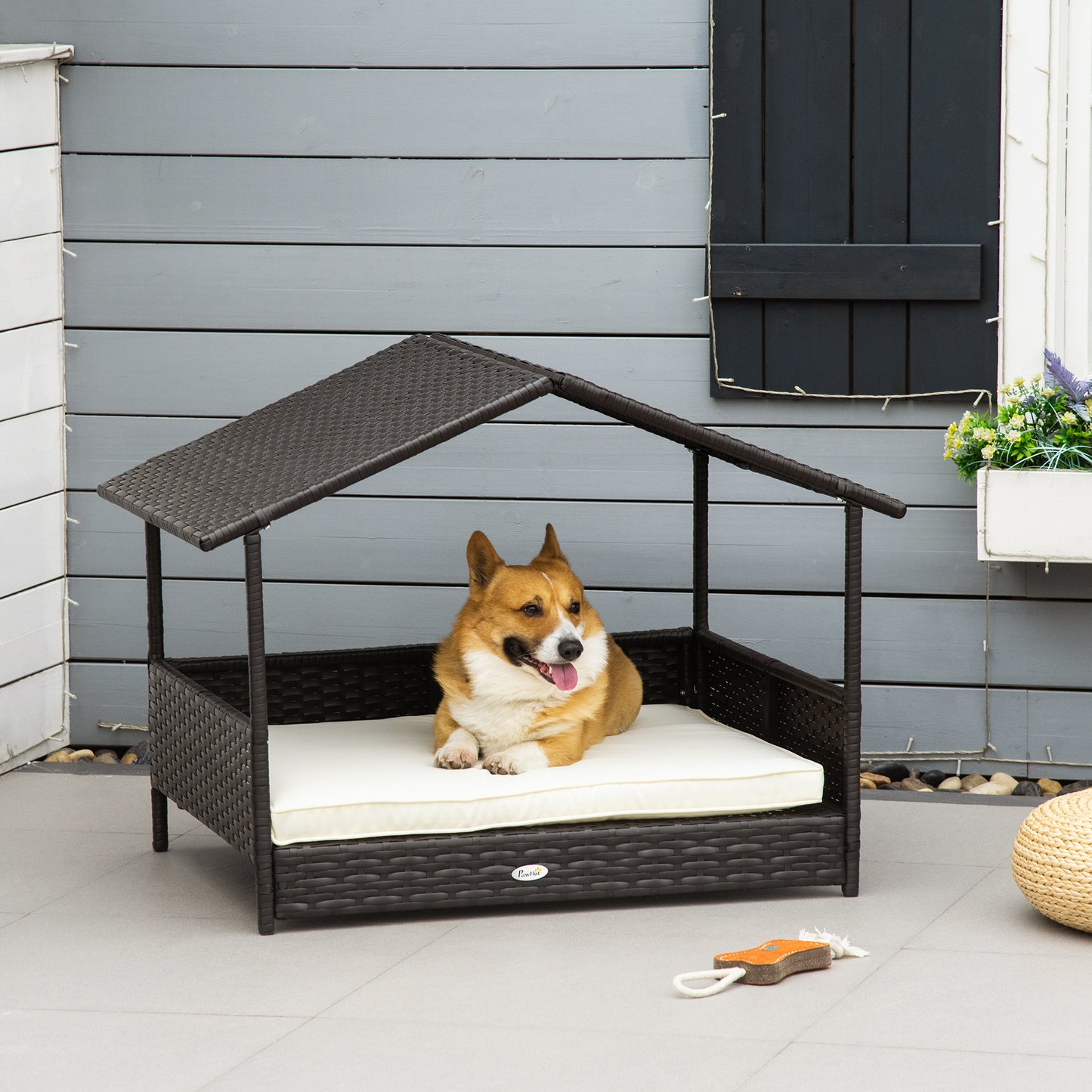 PawHut Wicker Dog House Rattan Pet Bed with Removable Cushion Canopy for Small and Medium Dogs Cream