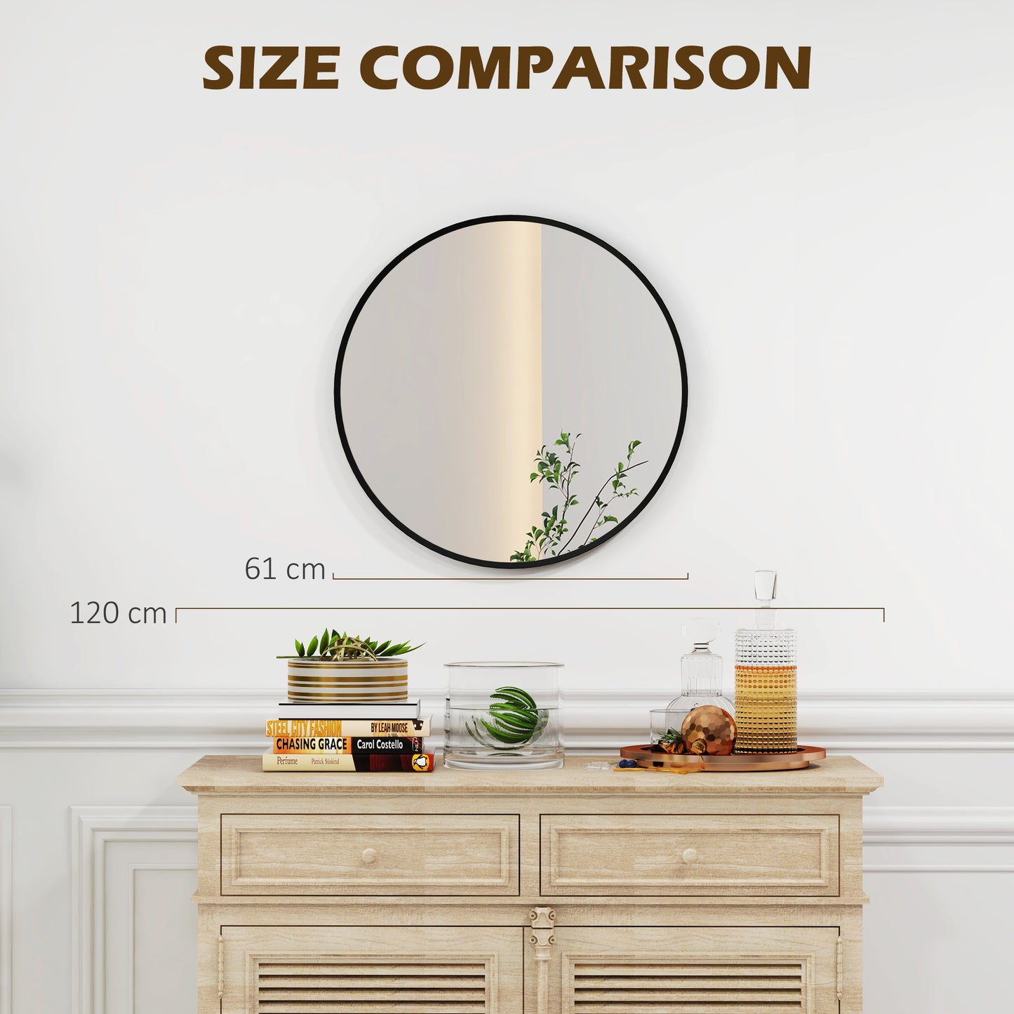 HOMCOM 61cm Decorative Wall Mirror for Bedroom Living Room, Modern Round Bathroom Mirror for Home Decor, Black