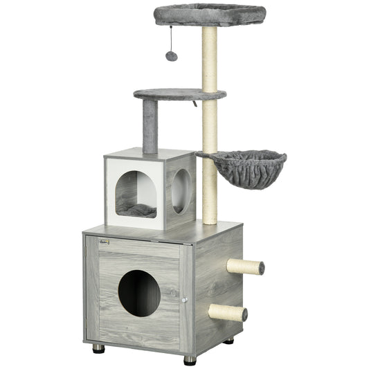 PawHut Enclosed Cat Litter Box with Cat House Cat Bed Scratching Posts Platforms for Indoor Cats Grey