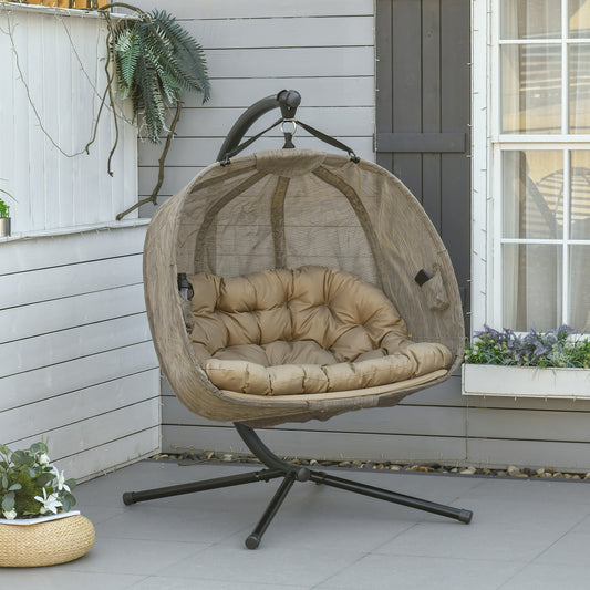 Outsunny Double Hanging Egg Chair 2 Seaters Swing Hammock Chair with Stand, Cushion and Folding Design, for Indoor and Outdoor, Brown