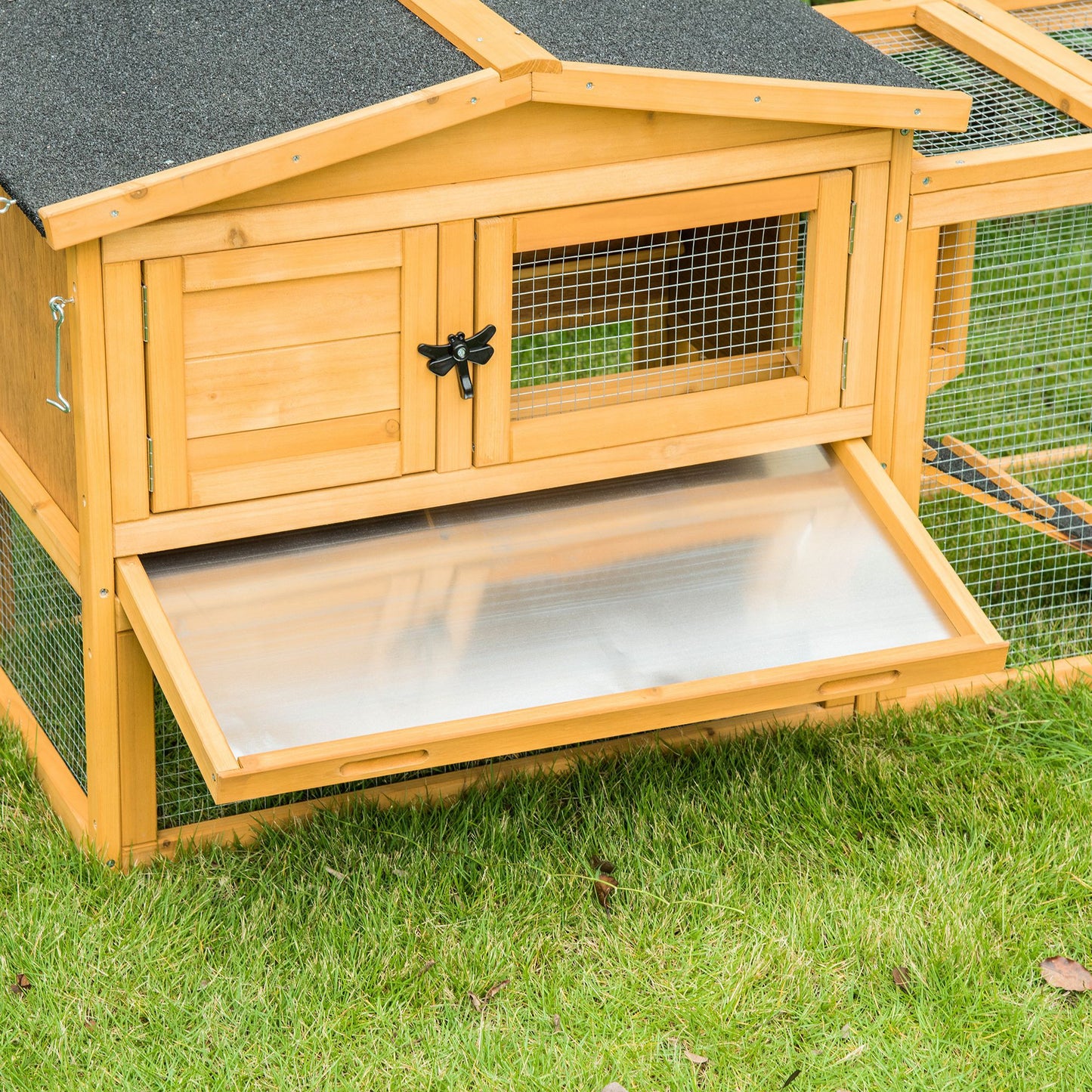PawHut 2 Level Wooden Rabbit Bunny Guinea Pig Hutch w/ Outdoor Run Water Resistant Roof Pull out Tray Ramp 150 x 52.5 x 68 cm, Yellow