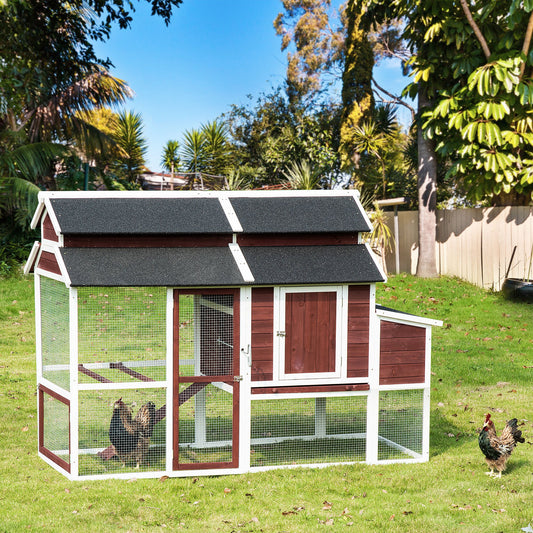 PawHut Deluxe Chicken Coop, Multi-room Hen House, Wooden Poultry Cage w/ Outdoor Run, Nesting Box, Removable Tray, Waterproof Asphalt Roof and Lockable Doors, 207 x 105 x 145cm 207cm Coop House Tray