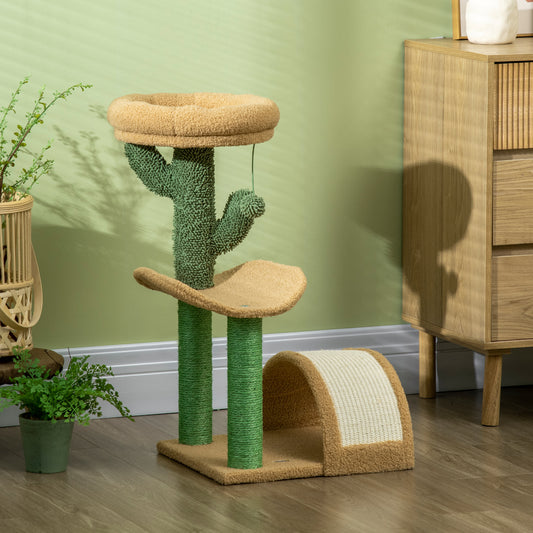 PawHut 72cm Cat Tree, Kitty Activity Center, Wooden Cat Climbing Toy, Cat Tower with Bed Ball Toy Sisal Scratching Post Curved Pad, Yellow