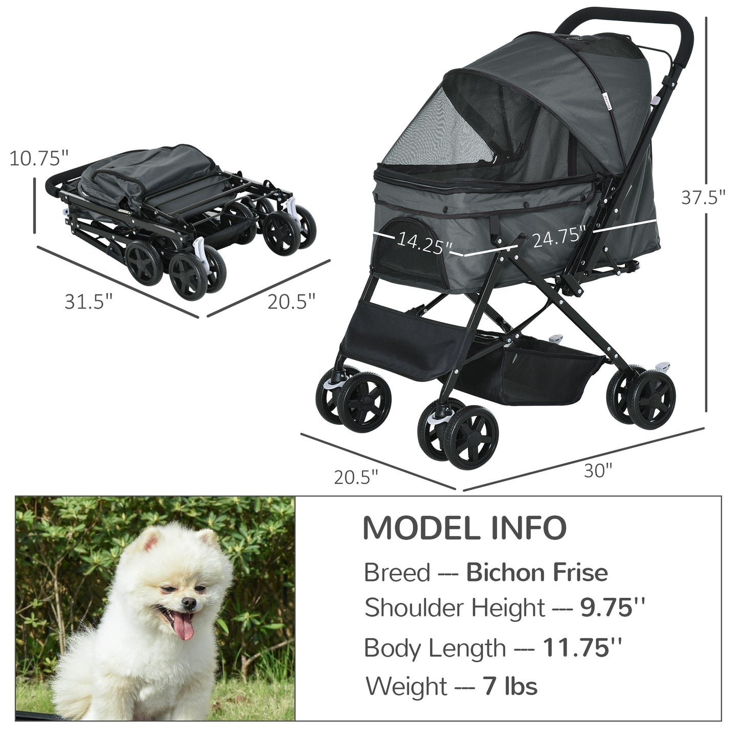 PawHut Pet Stroller Dog Cat Travel Pushchair Foldable Jogger w/ Reversible Handle EVA Wheel Brake Basket Adjustable Canopy Safety Leash Grey with