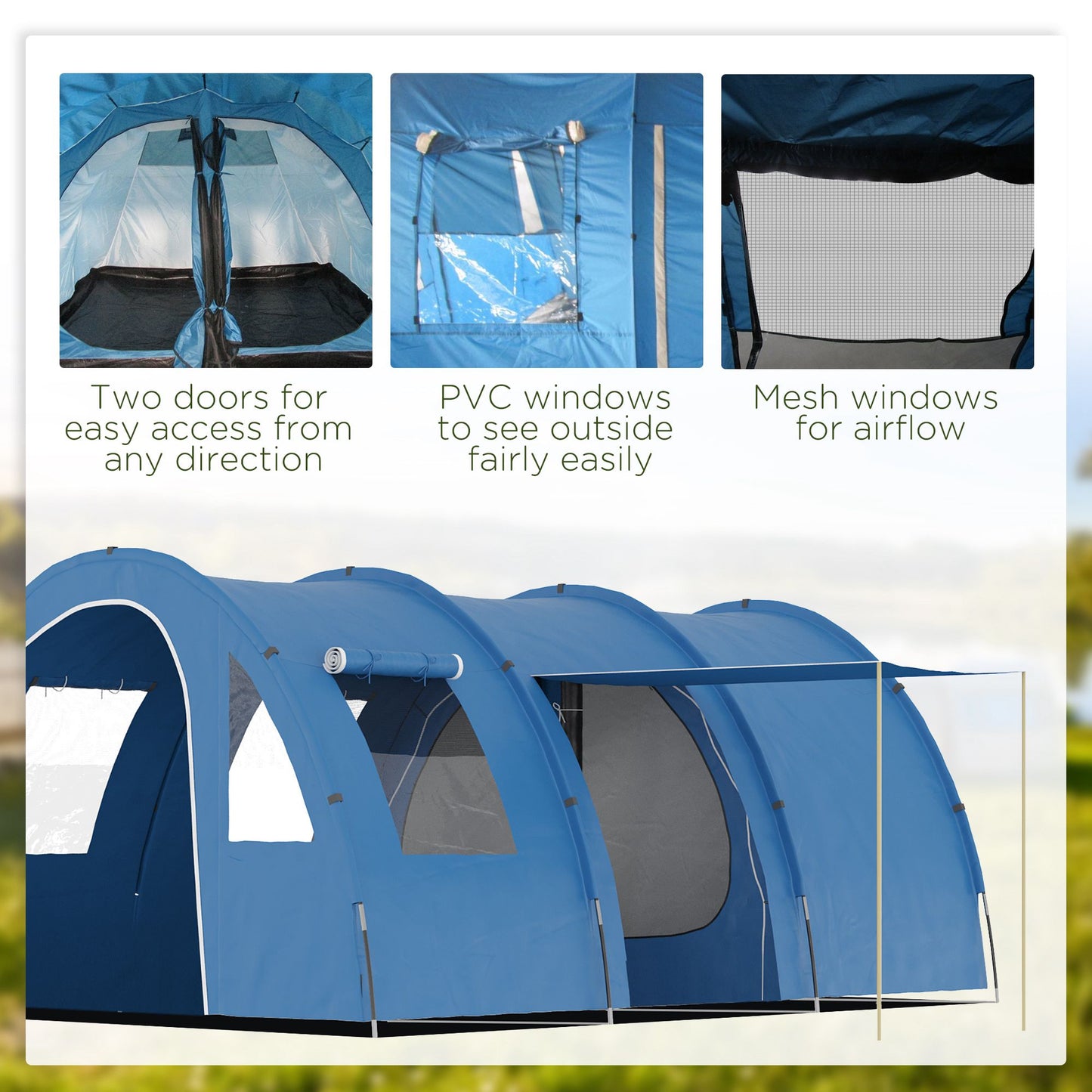 Outsunny 5-6 Man Tunnel Tent, Two Room Camping Tent with Sewn-In Floor, 2 Doors and Carry Bag, 2000mm Water Column for Fishing, Hiking, Sports, Festival