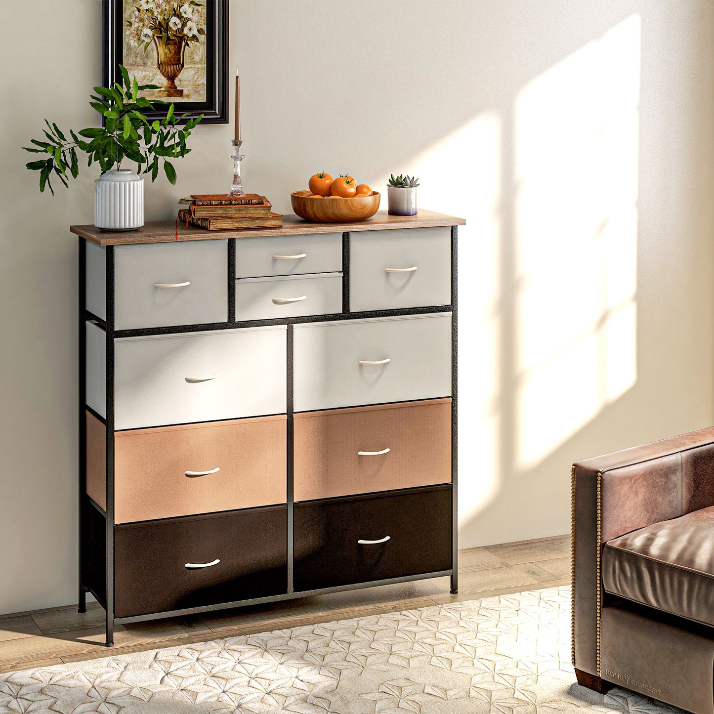 HOMCOM Bedroom Chest of Drawers 10 Drawer Dresser with Foldable Fabric Drawers and Steel Frame Multicolour