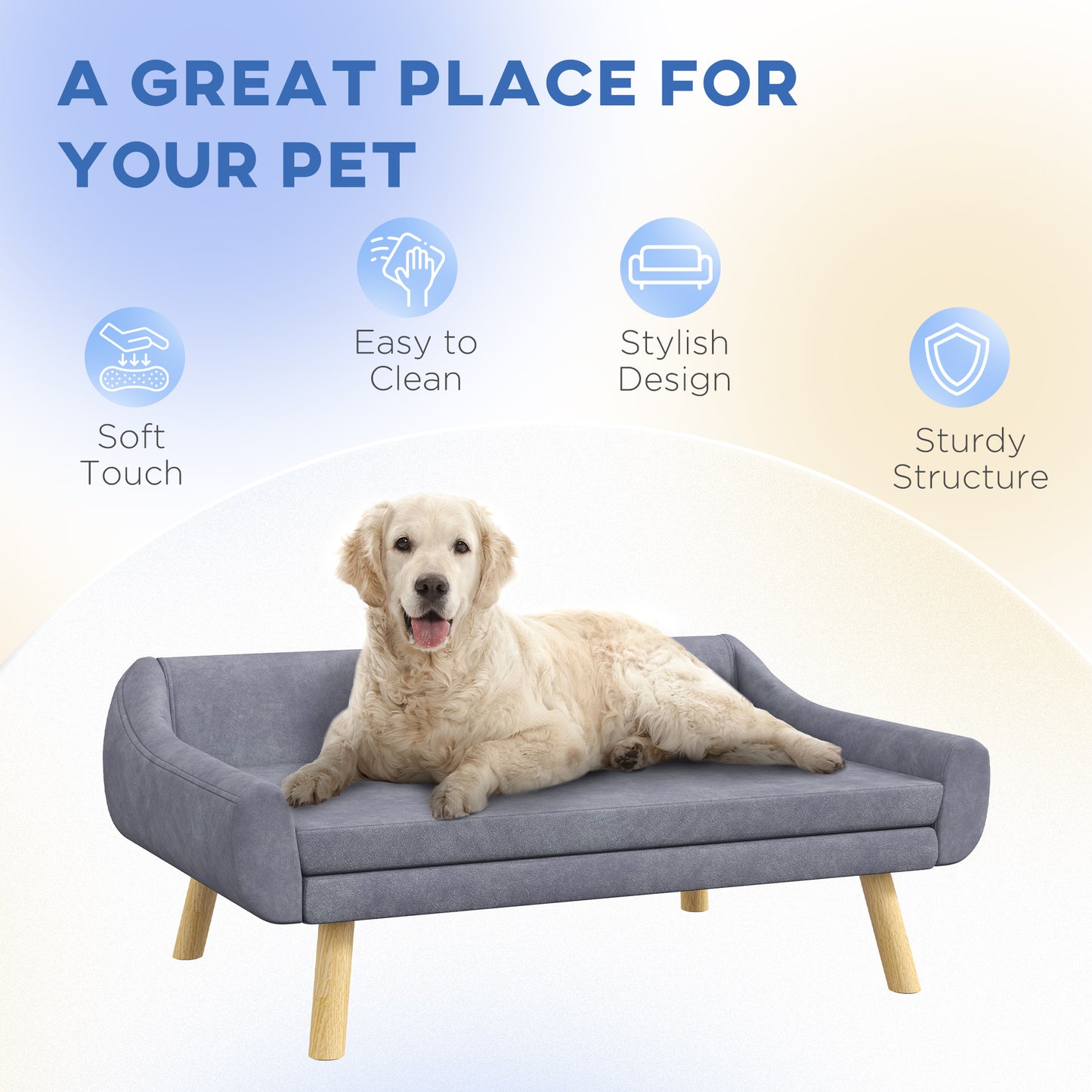 PawHut Dog Couch with Soft Cushion Pet Sofa Bed with Wooden Frame Removable Cover for Medium and Large Dogs Grey