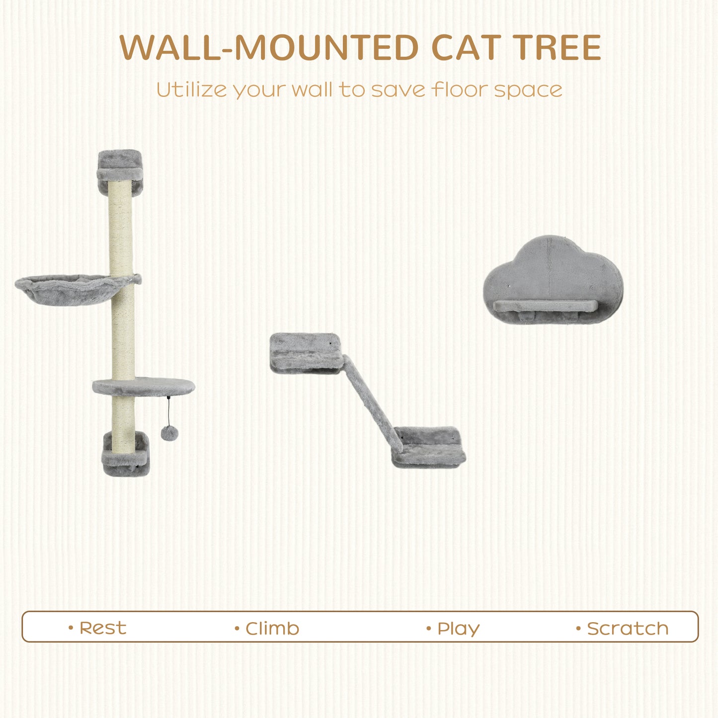 PawHut ThreePiece WallMounted Cat Shelves with Hammock Ladder Platforms Scratching Post Grey