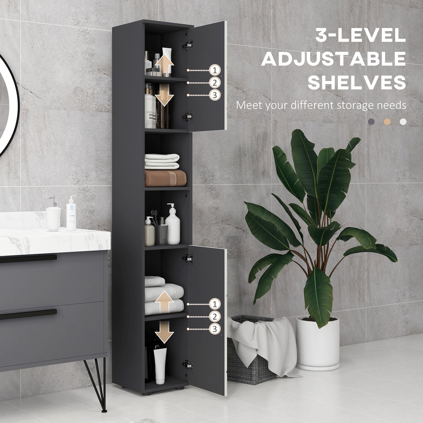 kleankin 183cm Tall Bathroom Cabinet Narrow Bathroom Storage Cabinet with Open Shelves 2 Doors Cabinets Adjustable Shelves and Soft Close Mechanism Grey