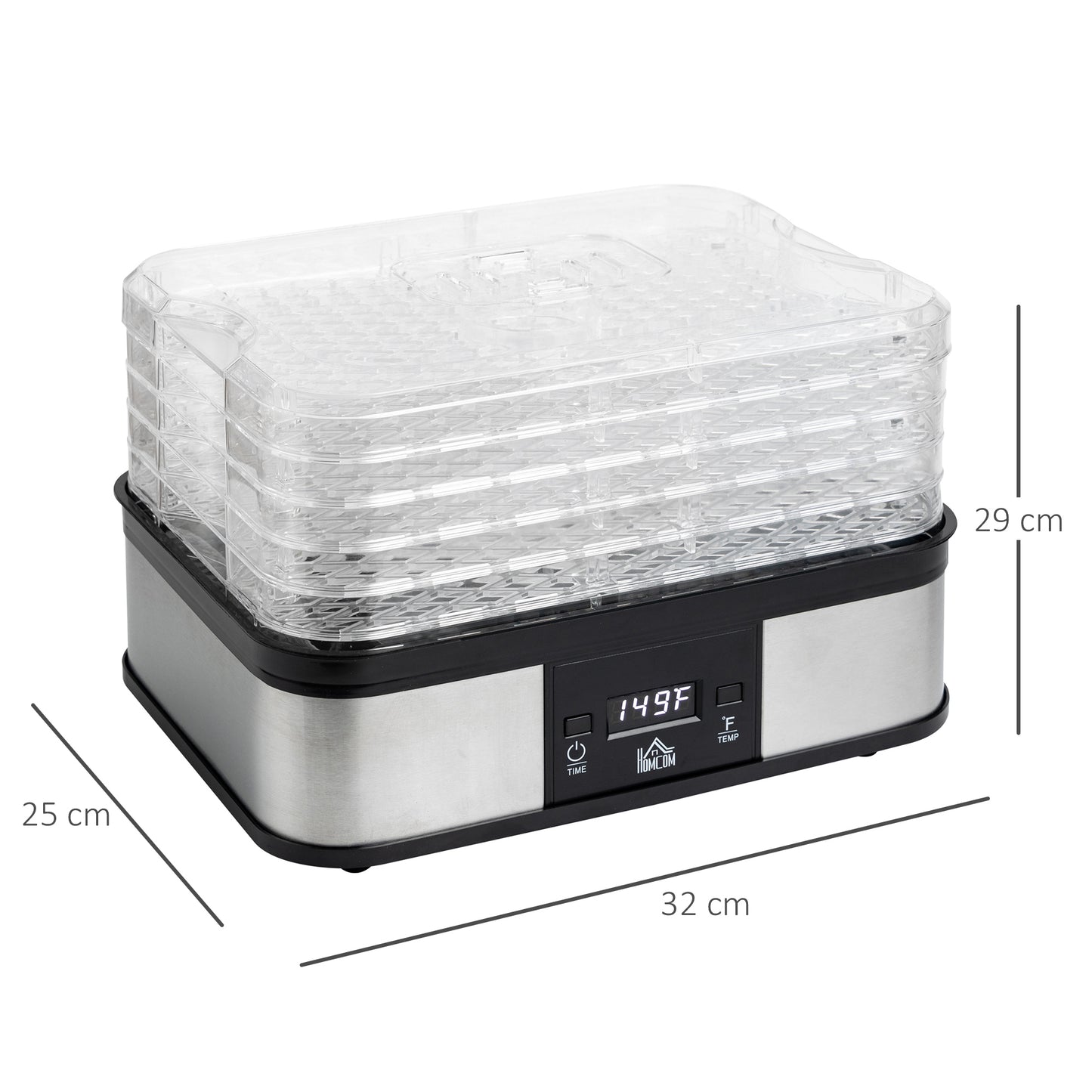 HOMCOM 5 Tier Food Dehydrator, 245W Stainless Steel Food Dryer Machine with Adjustable Temperature, Timer and LCD Display for Drying Fruit, Meat, Vegetable, Jerky and Pet Treat, Silver