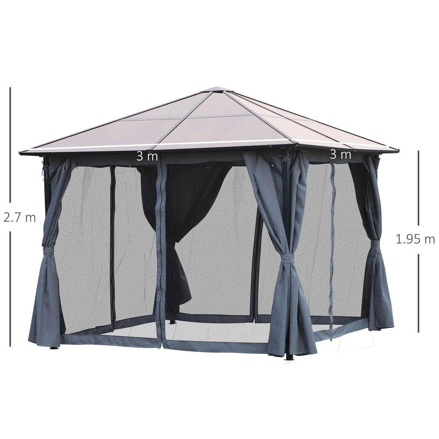 Outsunny 3m x 3m Hardtop Metal Frame Mesh Draped Gazebo Grey