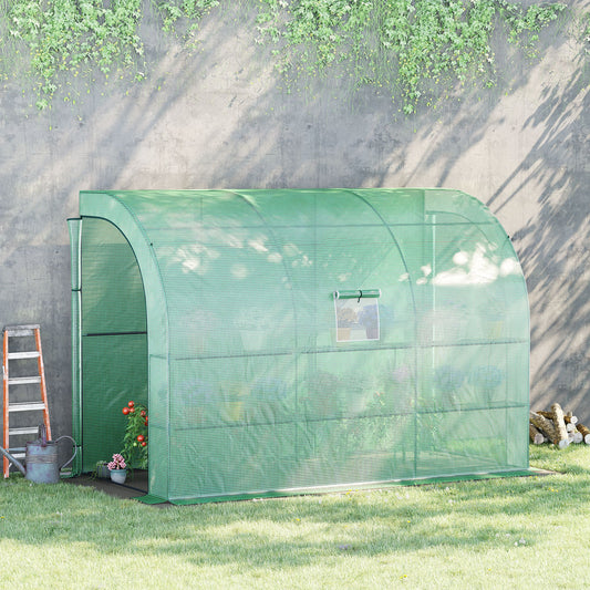 Outsunny Walk-In Lean to Wall Greenhouse with Windows and Doors 2 Tiers 6 Wired Shelves 300L x 150W x 215Hcm Green