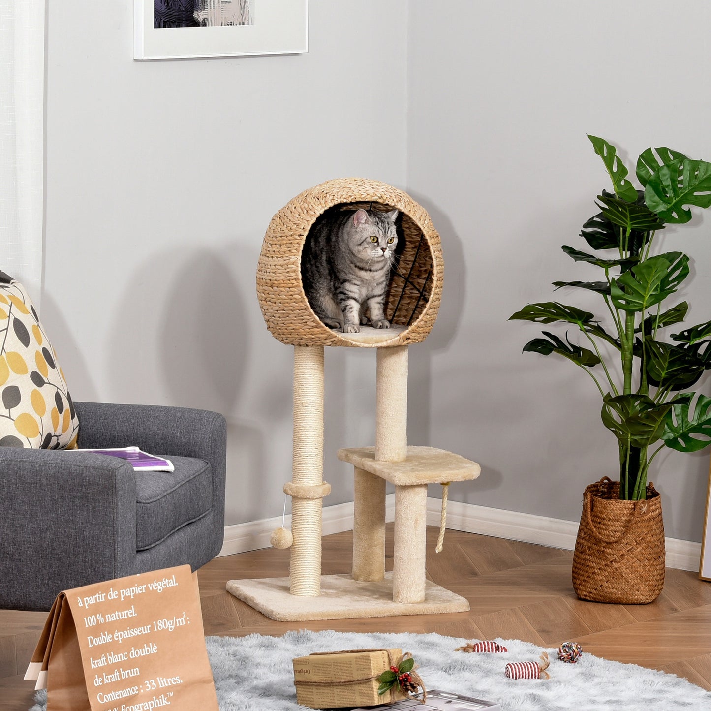 PawHut Cat Tree Tower Activity Center w/ Posts Condo Ball Cushion Perch Cattail Fluff