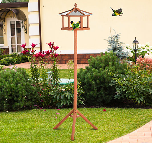PawHut Wooden Freestanding Garden Bird Feeder Bird Stand Wood Tone