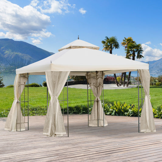 Outsunny 300cmX300cm Garden Gazebo Double Top Gazebo Canopy w/ Mesh Curtain Beige