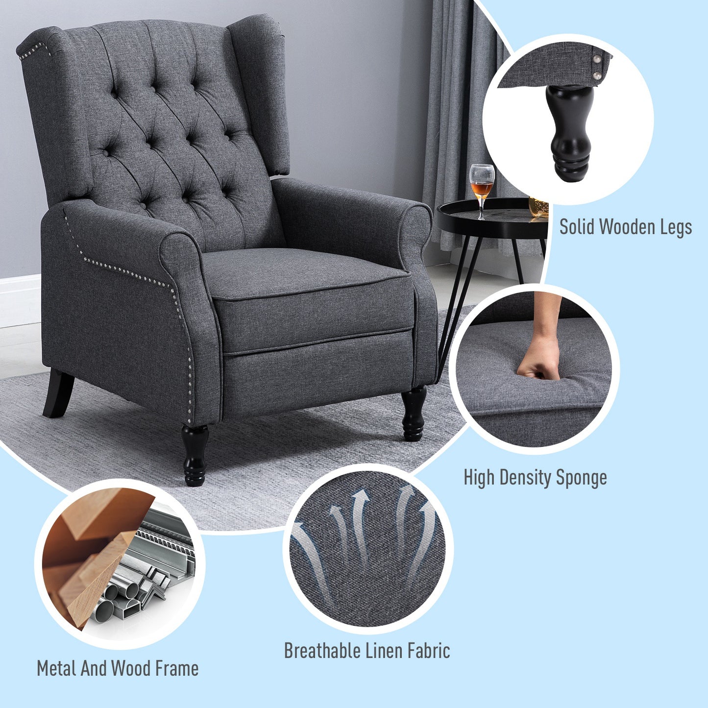 HOMCOM Reclining Wingback Armchair, with Footrest - Dark Grey