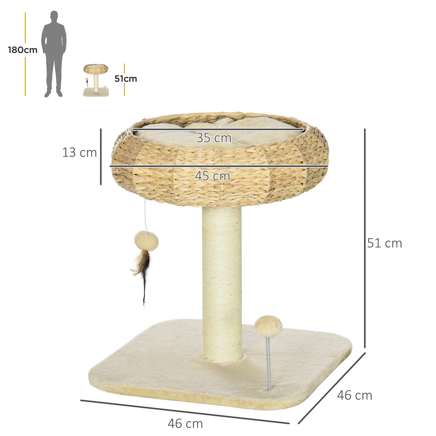 PawHut 51cm Cat Tree, Kitty Activity Center, Cat Climbing Toy, Cat Tower with Cattail Bed Ball Toy Sisal Scratching Post, Beige