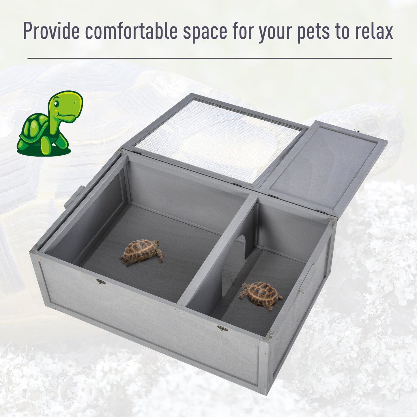 PawHut 94 cm Wood Indoor Outdoor Pet Tortoise House with Two Room Design, Grey