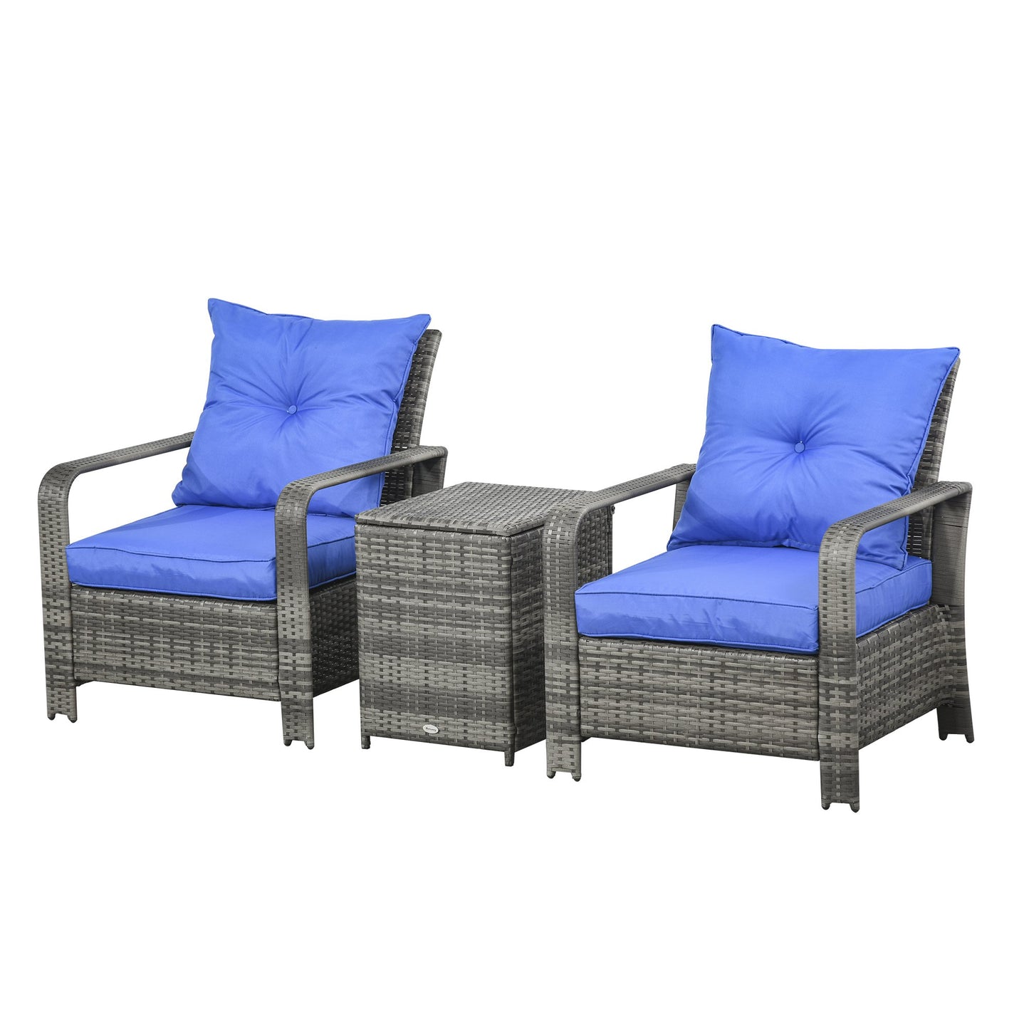 Outsunny 3 Pcs PE Rattan Garden Seating Set w/ 2 Padded Chair Storage Table Blue