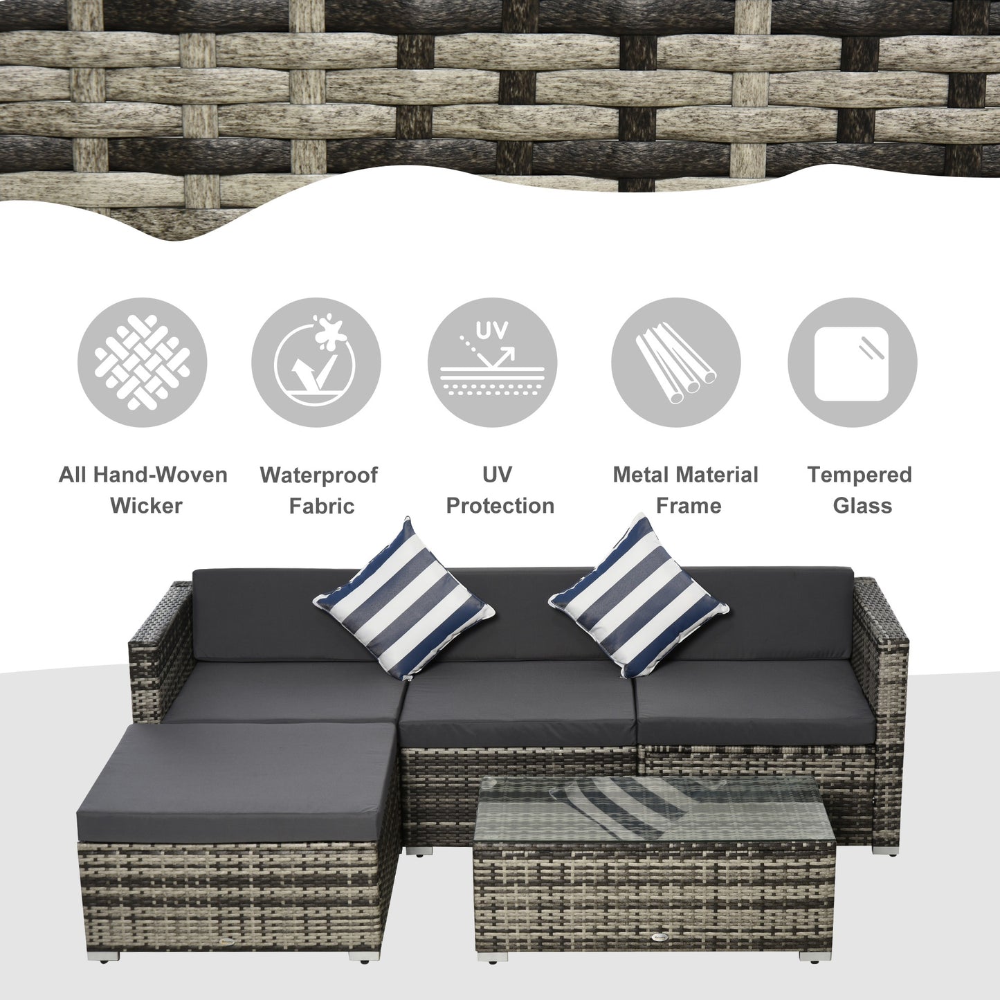 Outsunny 5 Pieces Rattan Sofa Set Wicker Sectional Furniture Cushion Grey Garden