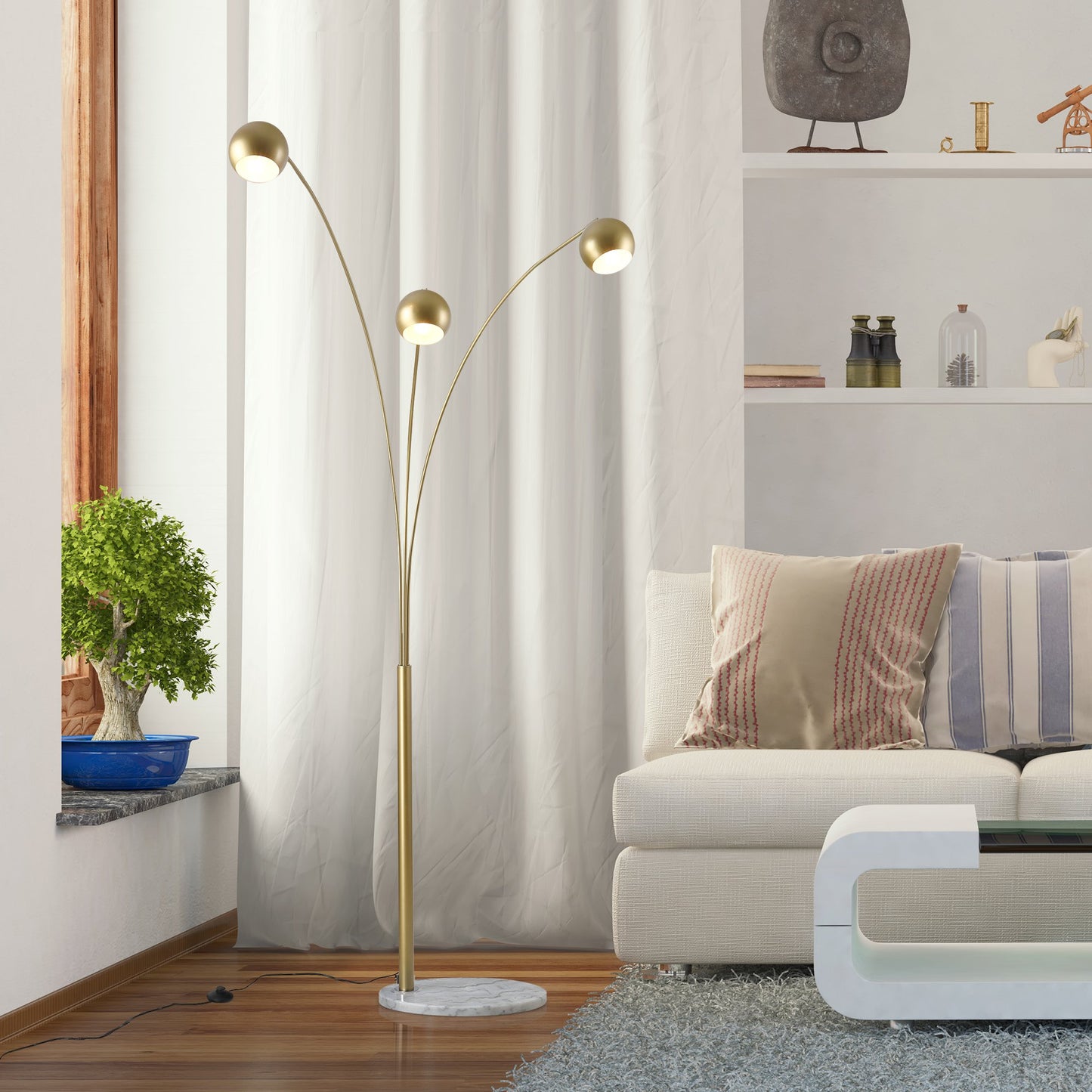 HOMCOM Steel 3-Branch Floor Lamp Gold