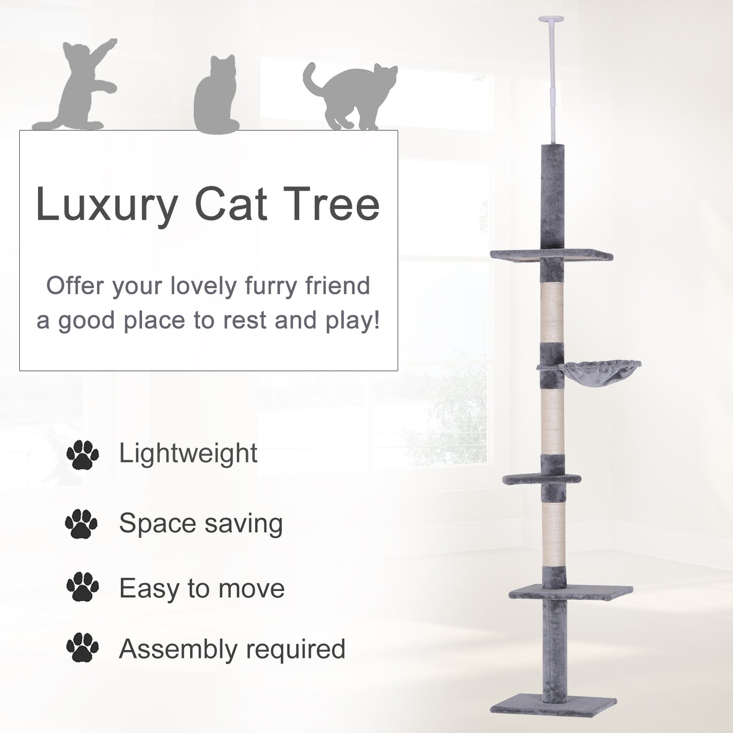 PawHut 40L x 34W x 230-260H cm Cats Floor to Ceiling Scratching Post w/ 5-Tier Plush Leisure Platforms Grey