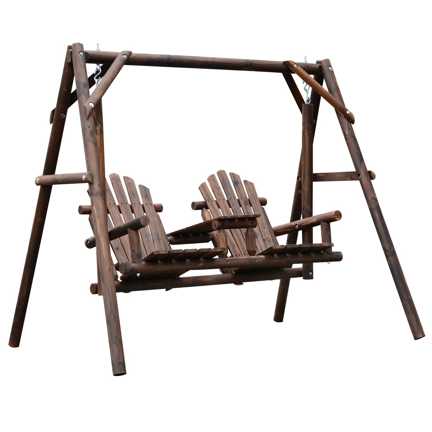 Outsunny Pine Fir Wood Swing Chair, 198Lx135Wx170H cm-Carbonized Wood Colour