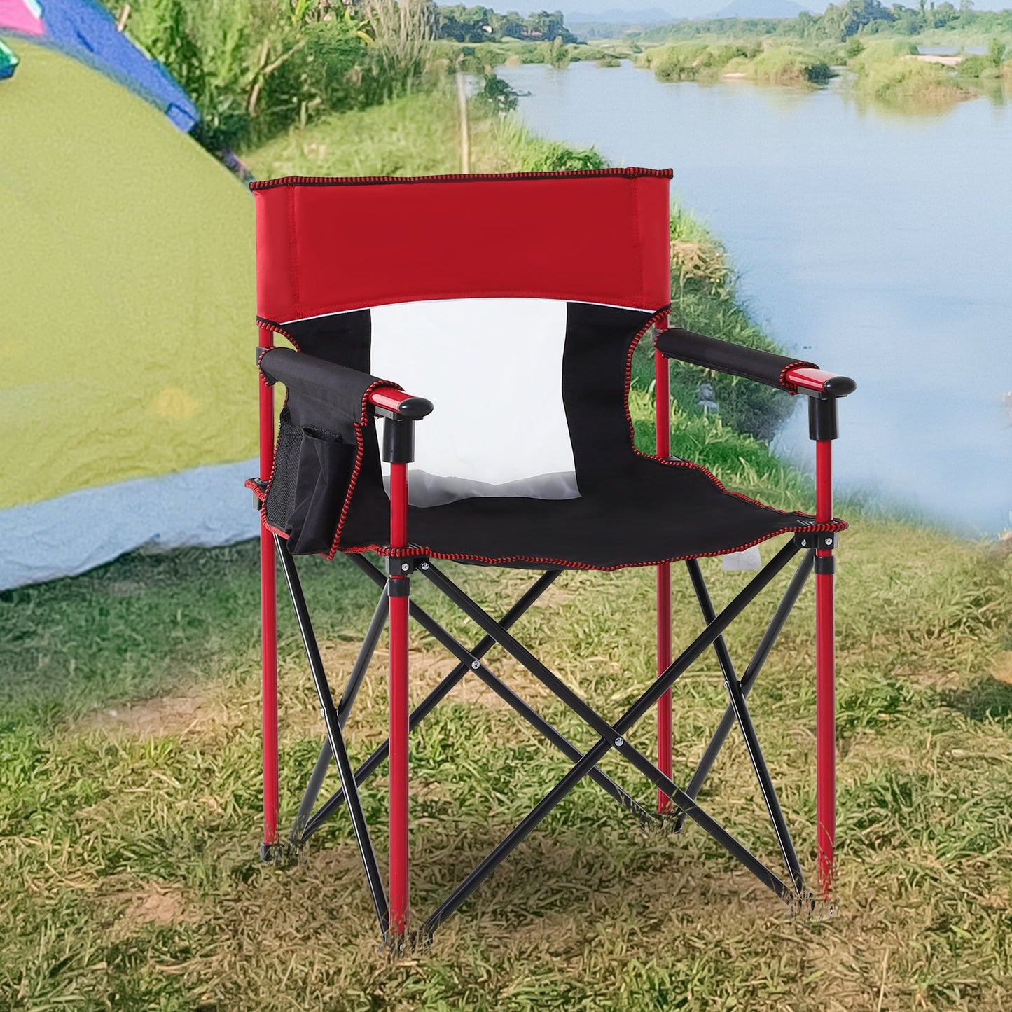 Outsunny Metal Frame Sponge Padded Folding Camping Chair w/ Pockets Red