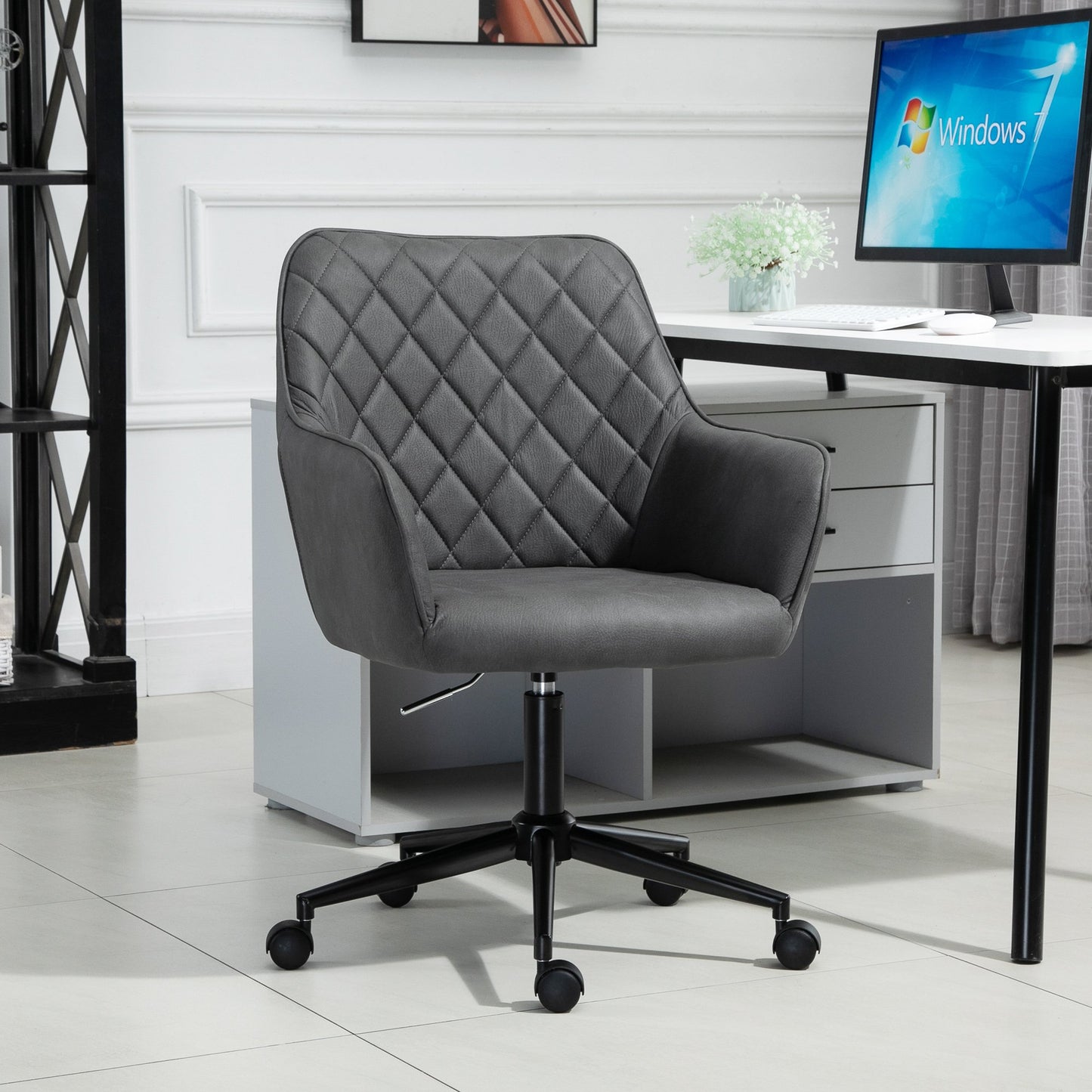 Vinsetto Swivel Argyle Office Chair Leather-Feel Fabric Home Study Leisure with Wheels