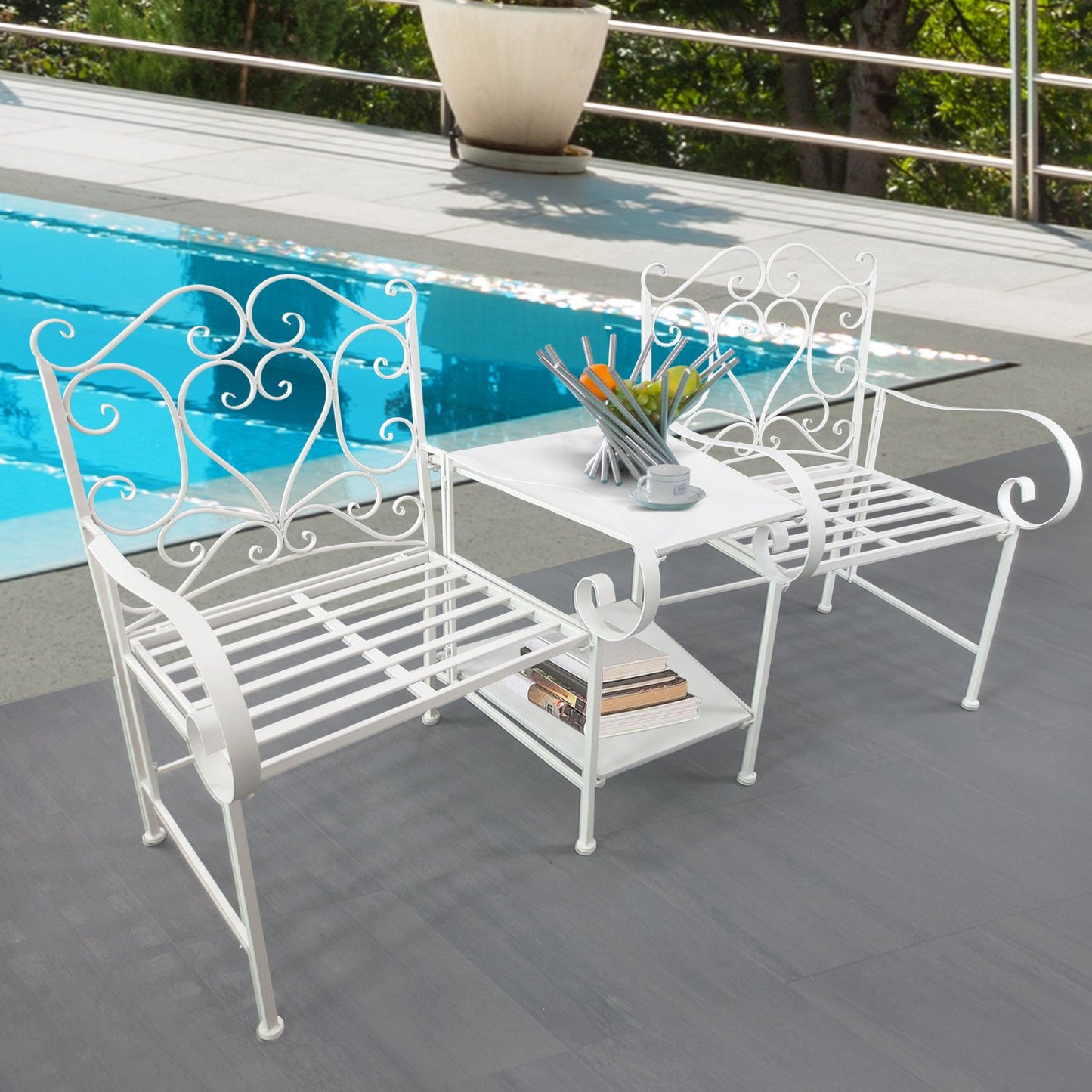 Outsunny Metal Bench With Table, 160Lx61Wx96H cm-White