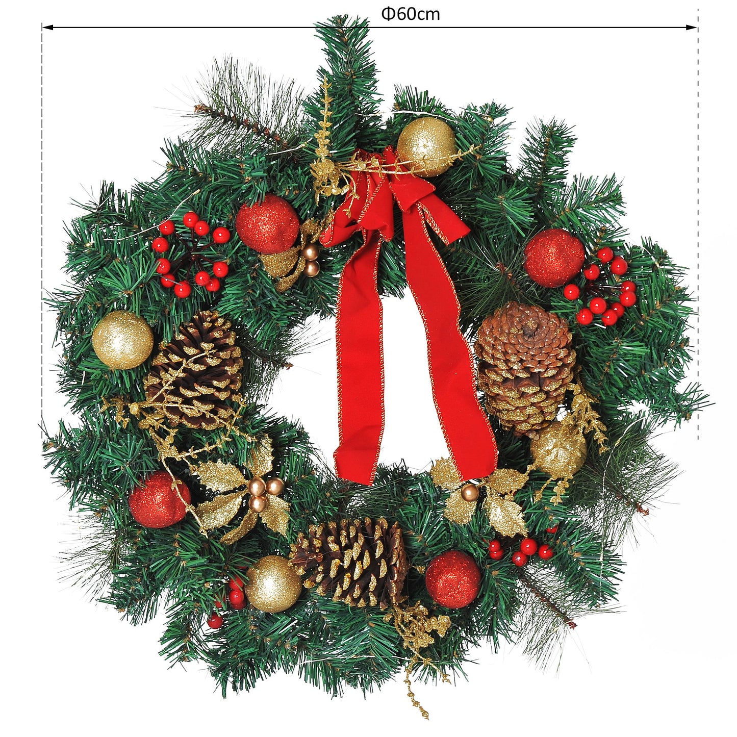 HOMCOM Pre-Lit Artificial Christmas Door Wreath, 60 cm Diameter
