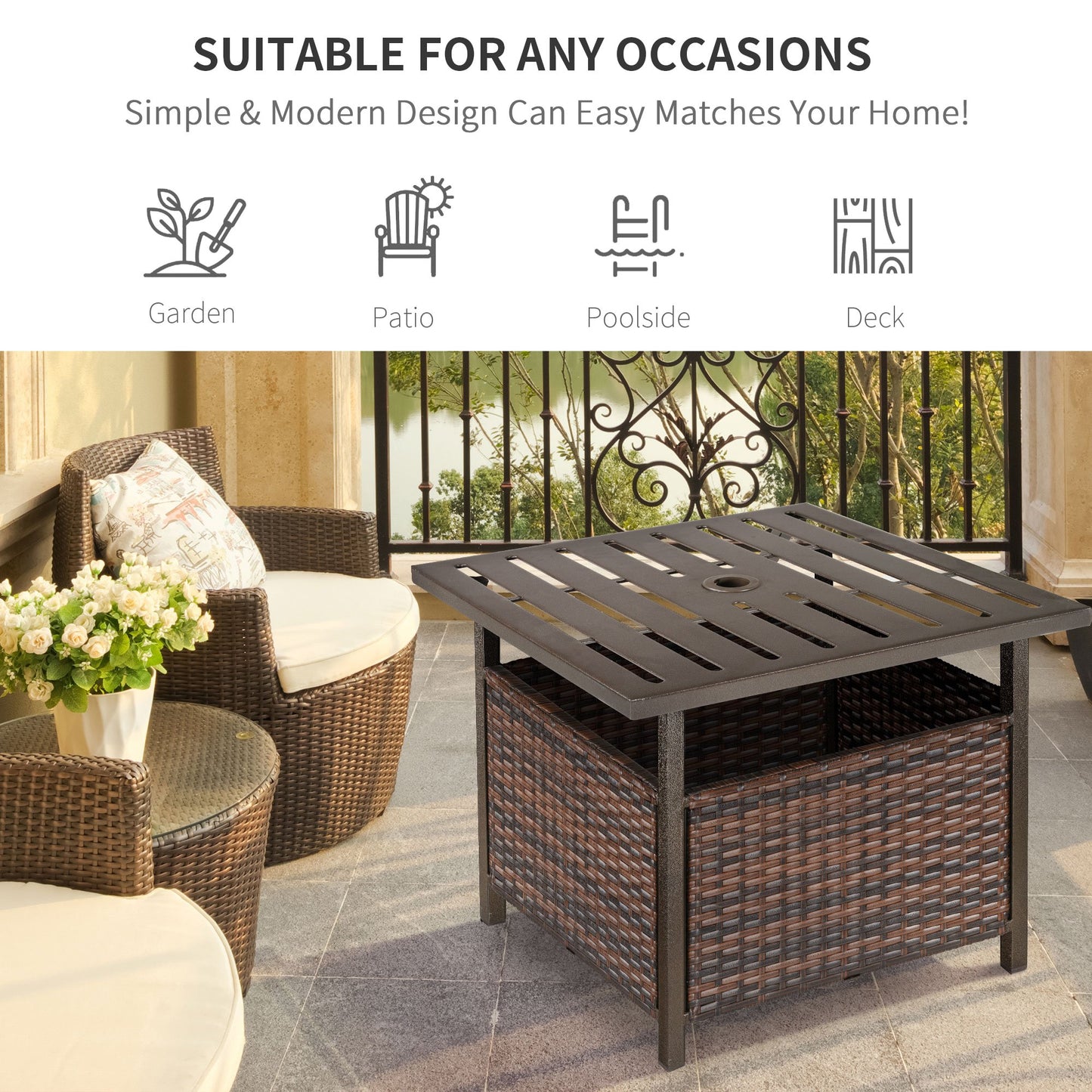 Outsunny Outdoor Rattan Wicker Coffee Table w/ Umbrella Hole Suitable for Garden Backyard