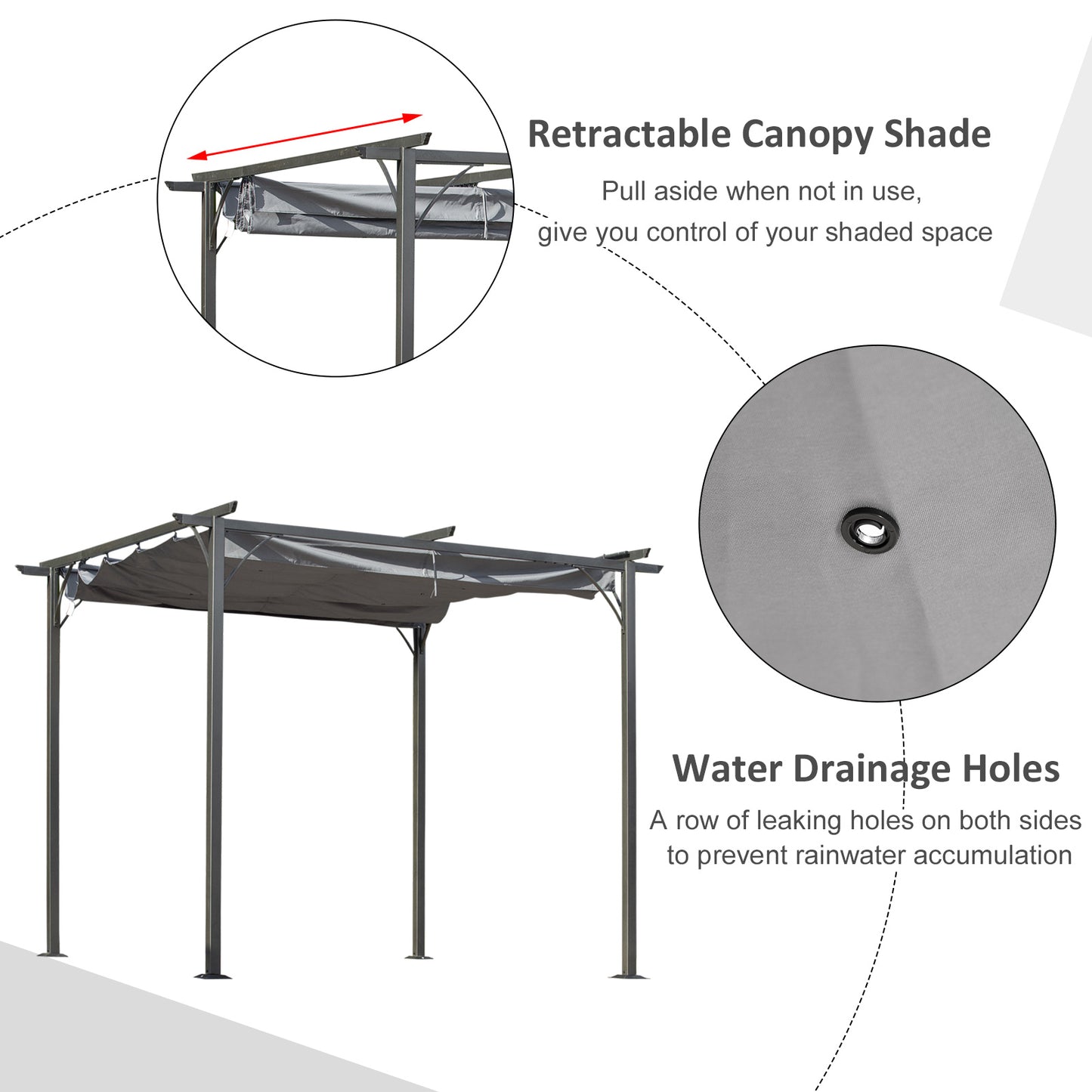 Outsunny 3x3 (m) Metal Pergola Gazebo Awning Retractable Canopy Outdoor Garden Sun Shade Shelter Marquee Party BBQ Grey