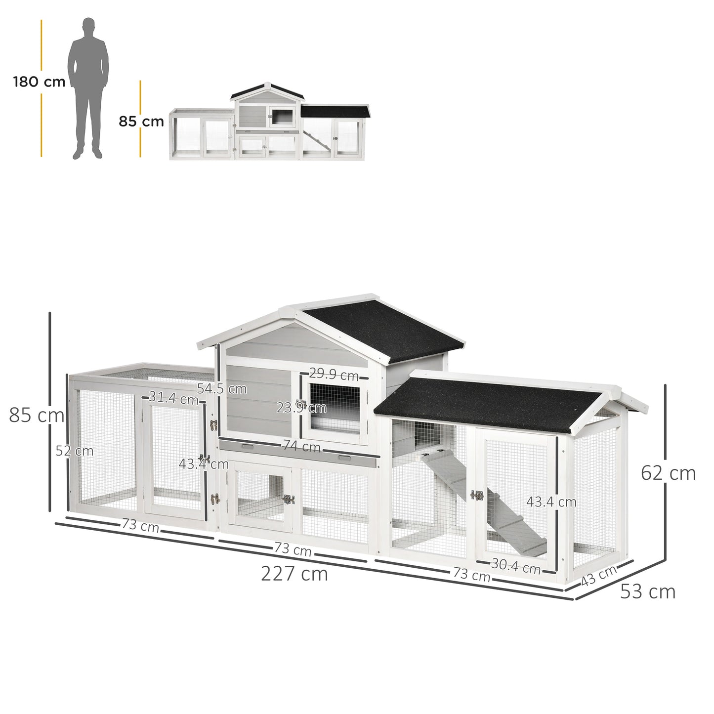 PawHut 2 Tier Wooden Rabbit Hut w/ Tray, Ramps, Run Area, Asphalt Roof for Outdoor Grey