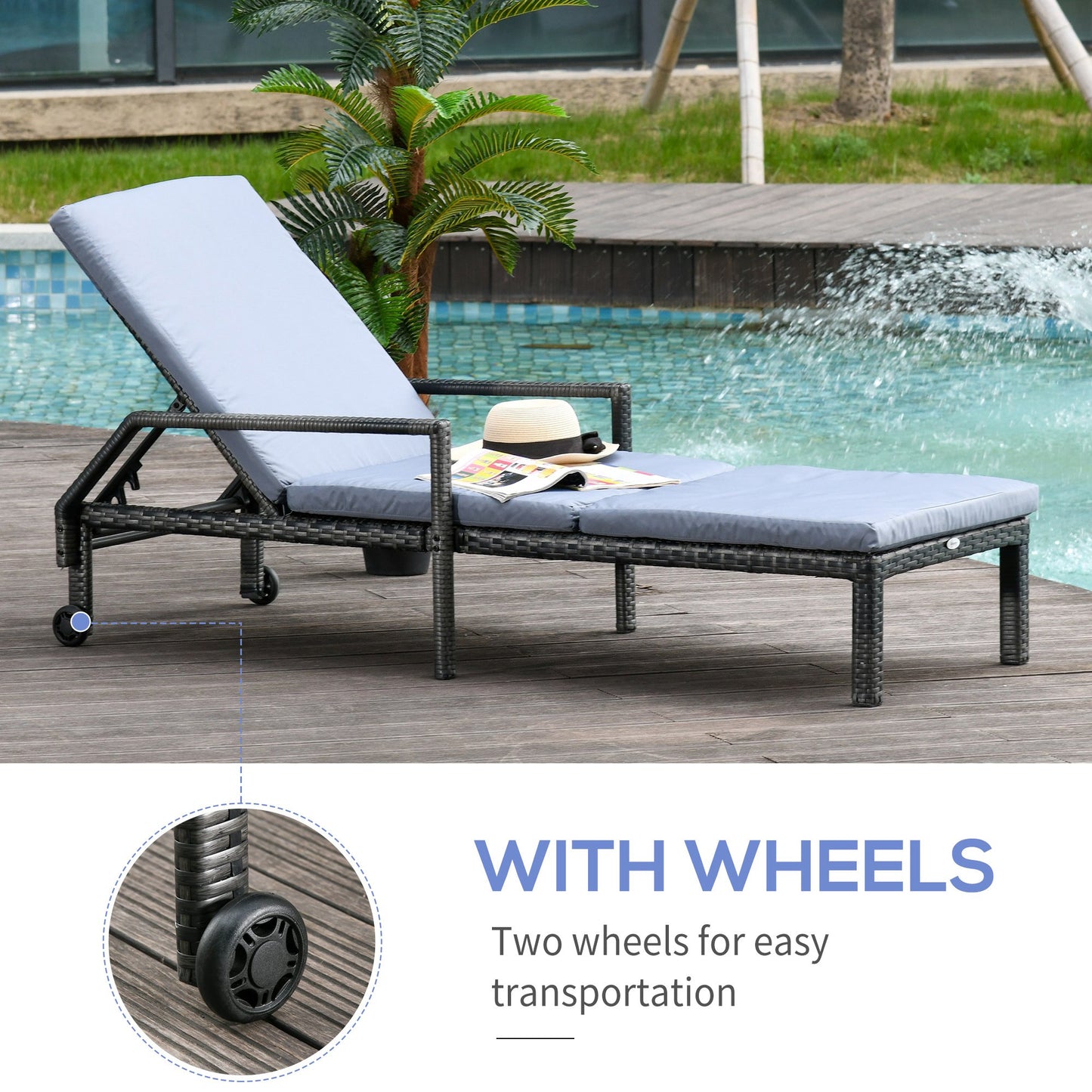 Outsunny Mixed Grey Rattan Sun Lounger Garden Furniture w/ Adjustable Backrest & Wheels