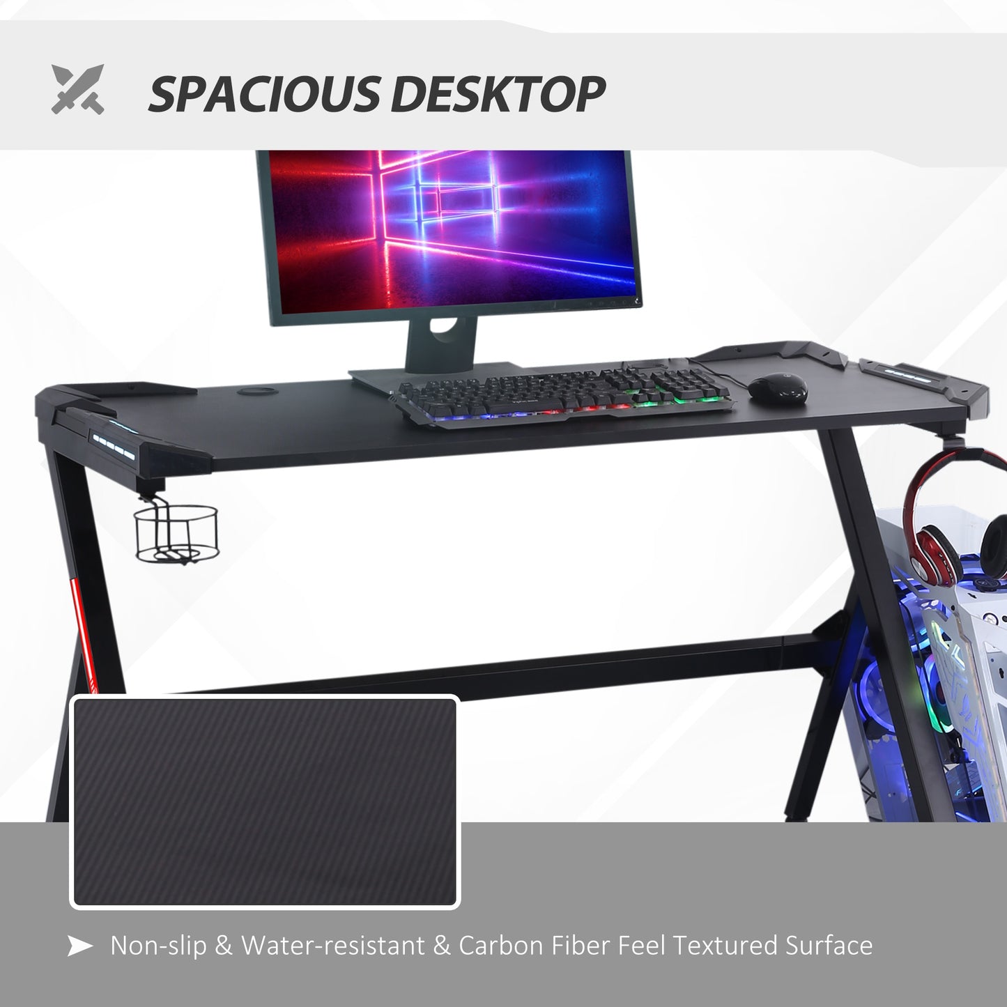 HOMCOM 1.2m Gaming Desk Computer Table LED Light w/ Cup Holder Headphone Hook E-sport