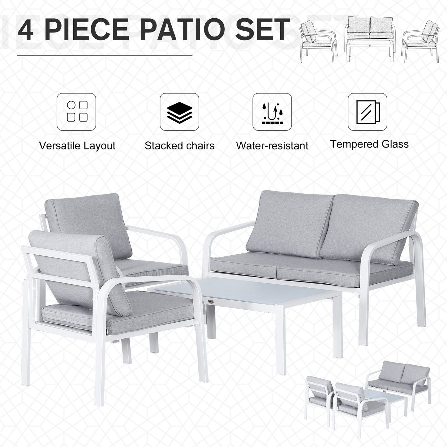 Outsunny 4-Seater Outdoor PE Rattan Table and Chairs Set White/Grey