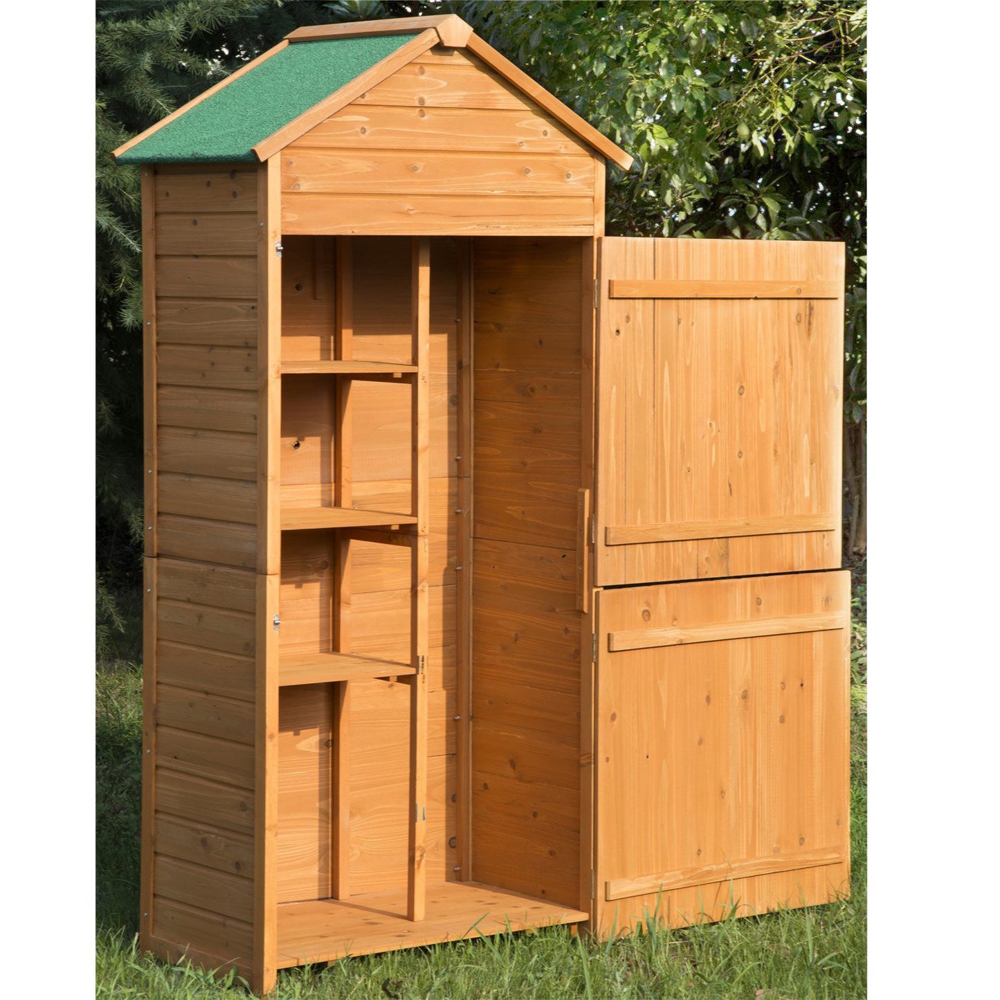 Outsunny 4-Tier Lockable Outdoor Garden Utility Gardener Tool Kit Storage Cabinet Wood Color