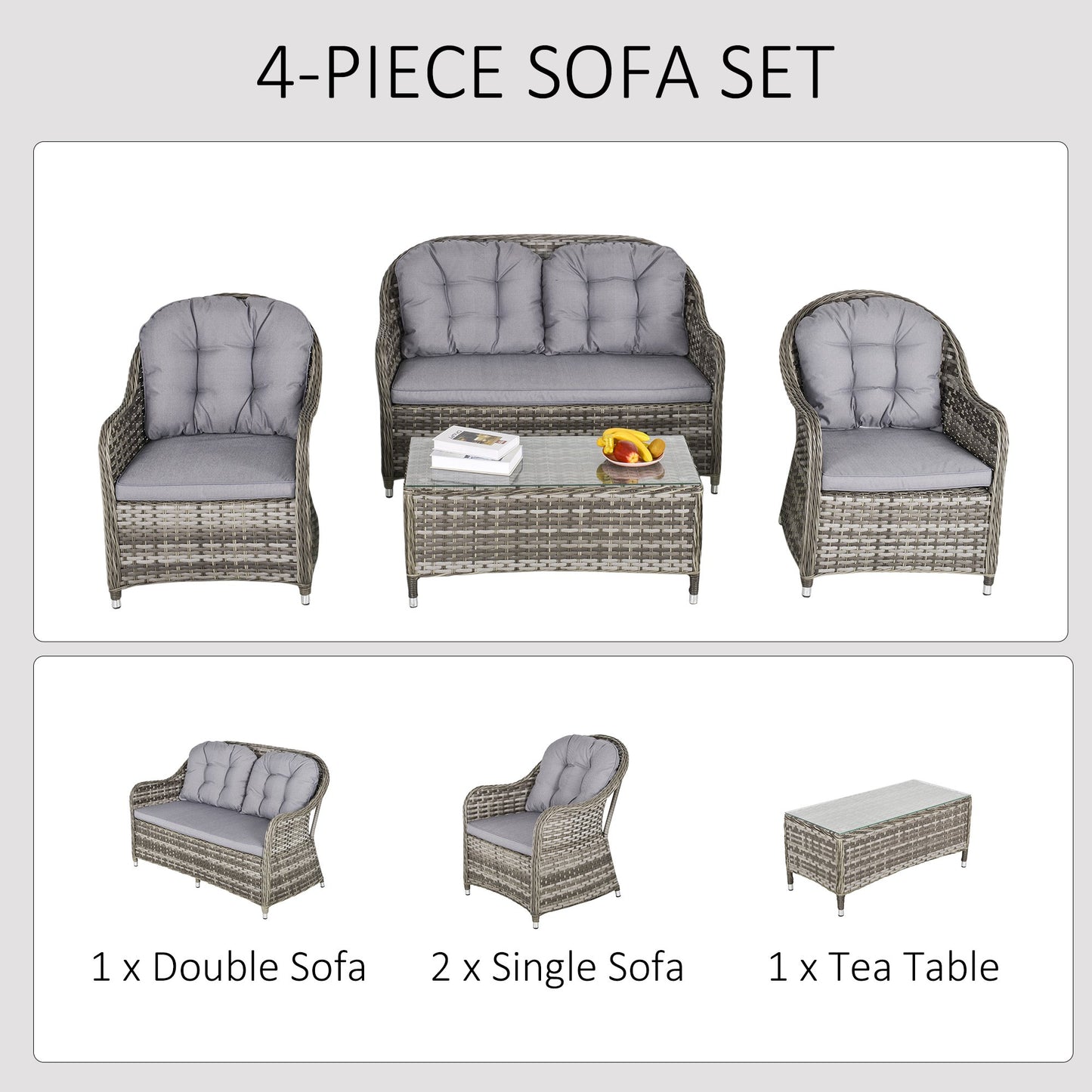 Outsunny 4 PCs PE Rattan Wicker Sofa Set Outdoor Conservatory Furniture w/ Cushion