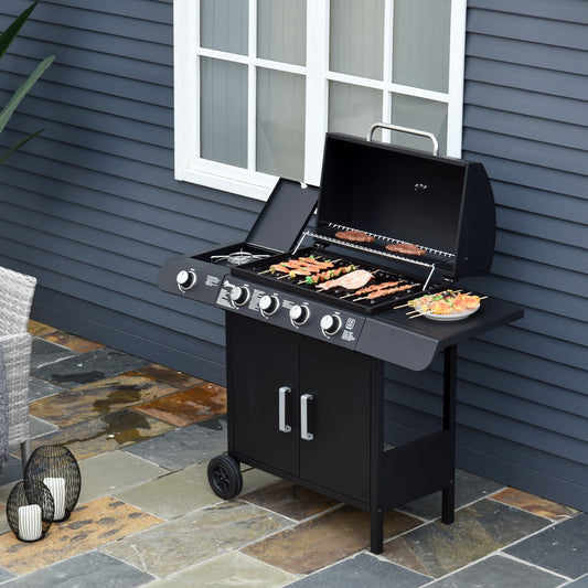 Outsunny 4+1 Gas BBQ Grill with Wheels, Steel-Black